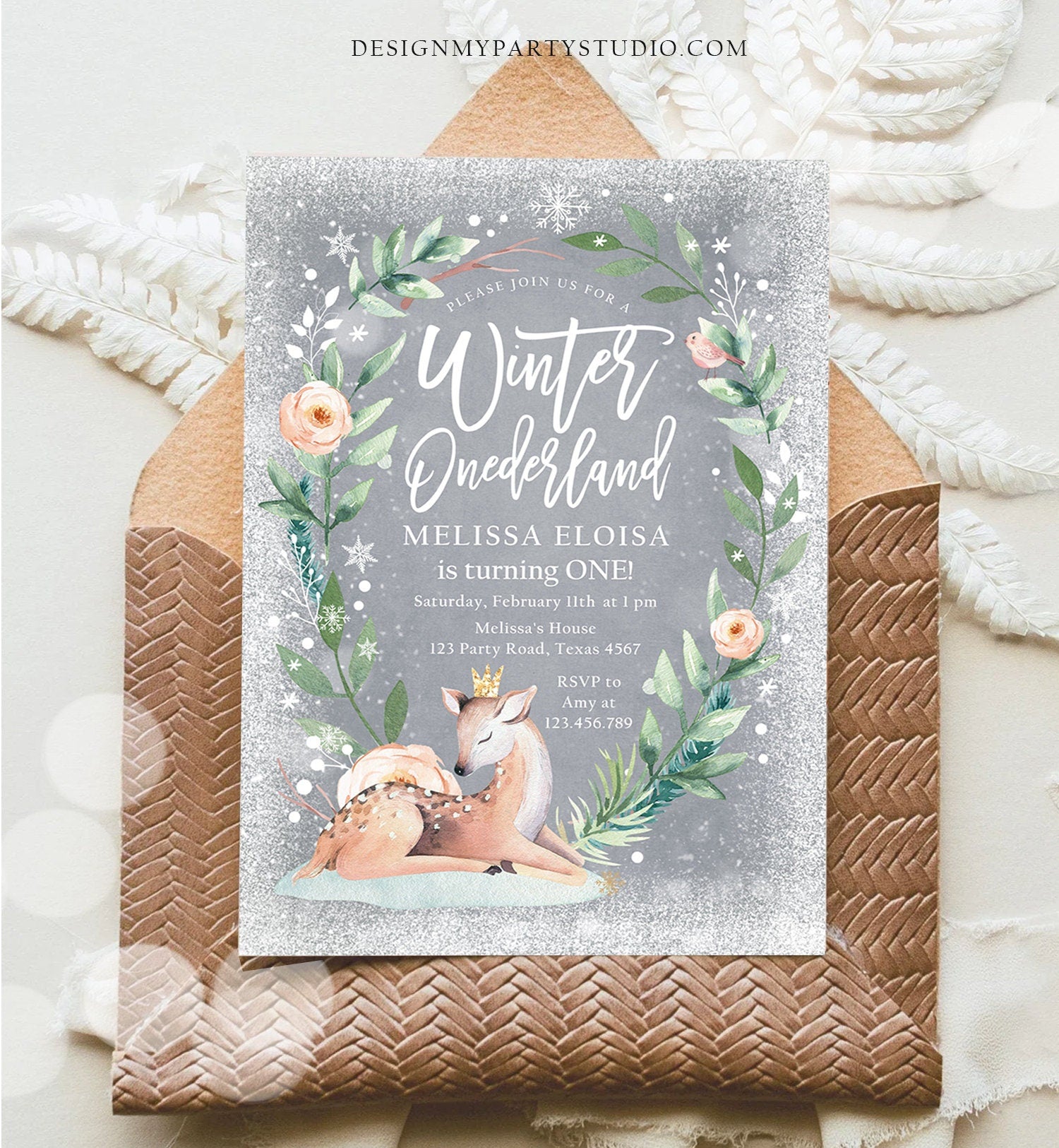 Editable Winter ONEderland Birthday Invitation Deer First Birthday Snowflakes Girl Pink Gold Foil Digital Evite Template Printable 0265