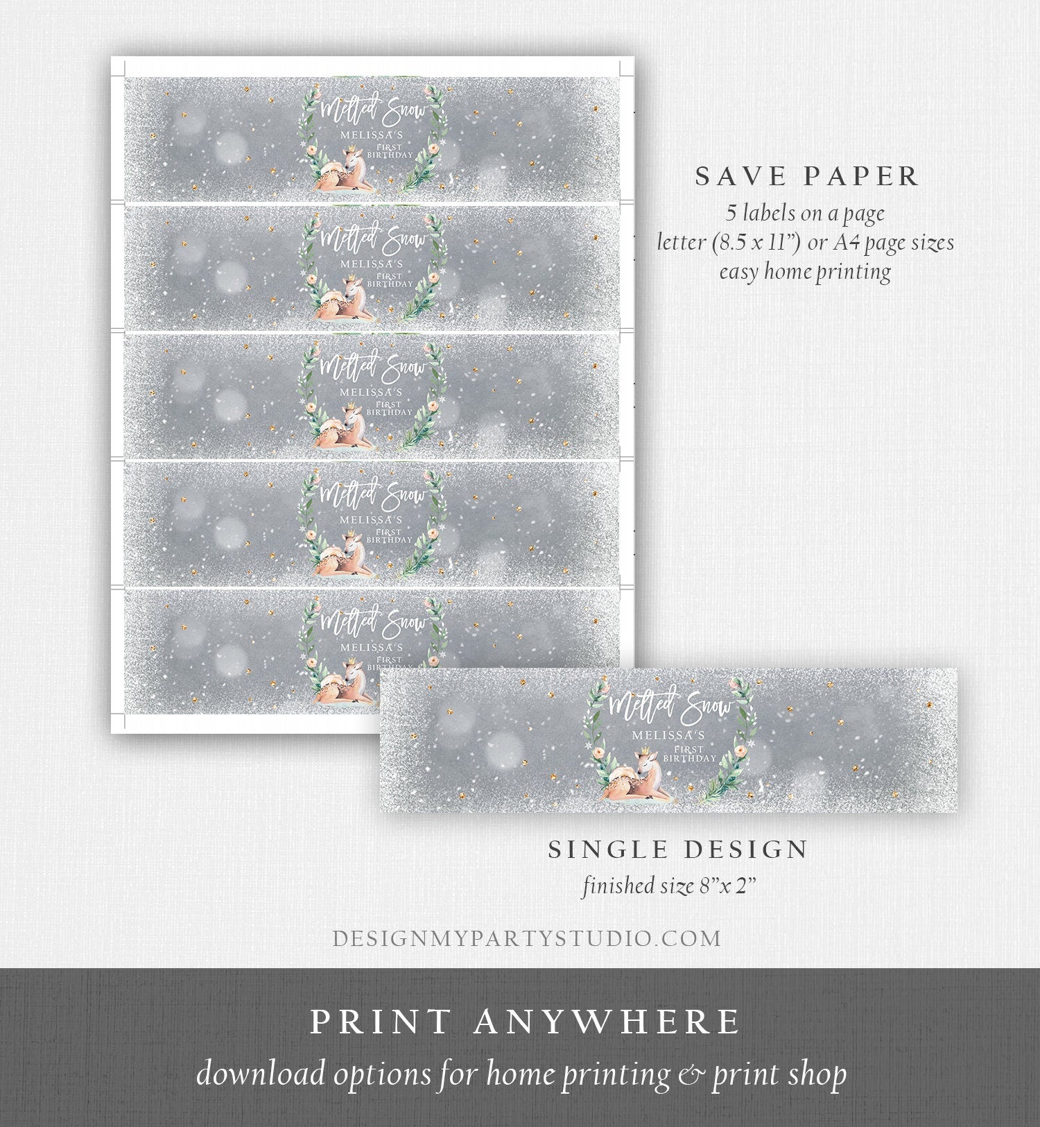 Editable Winter Deer Water Bottle Labels Winter Onederland Party Decor Girl 1st Birthday Pink Gold Christmas Digital Template Printable 0265