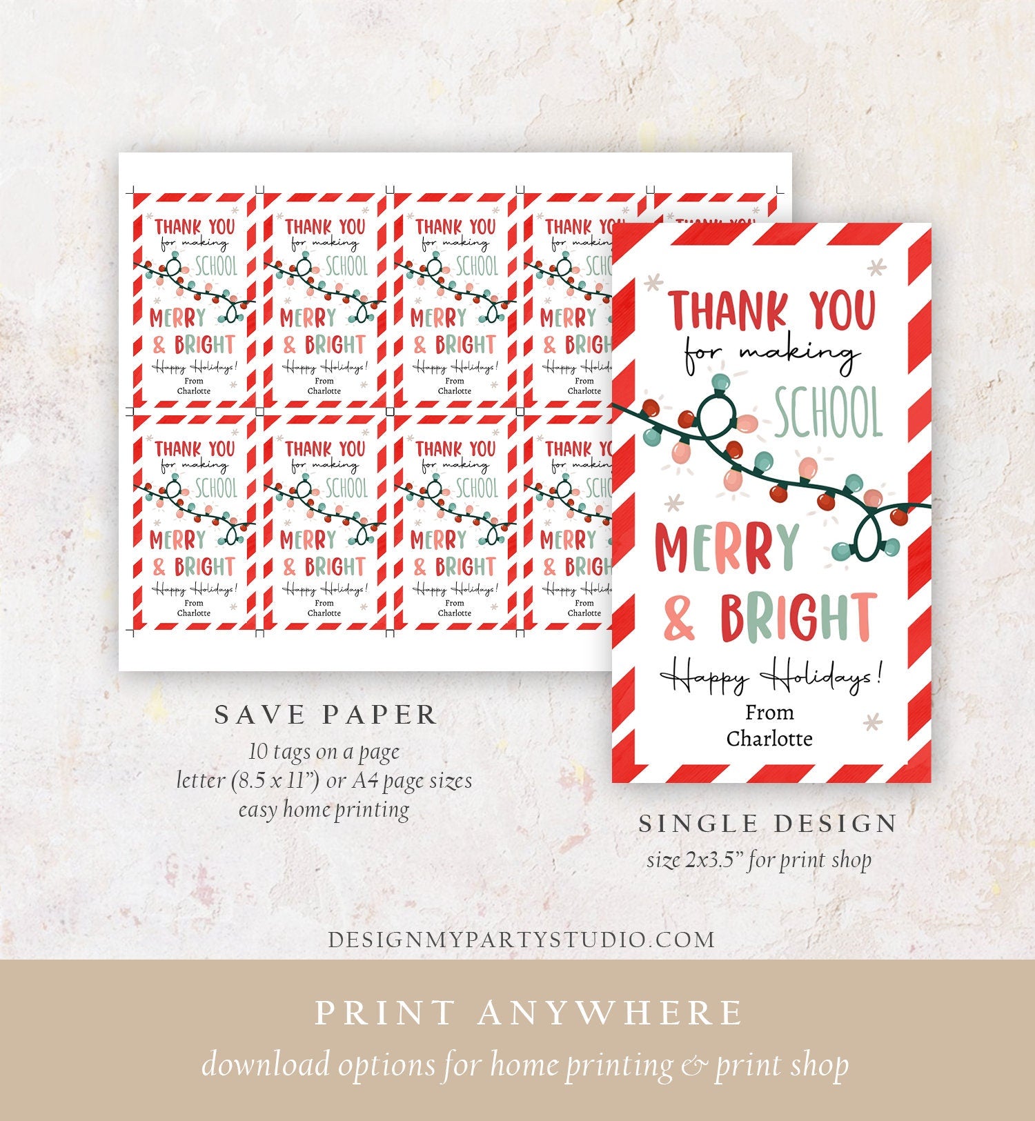 Editable Thank You for Making School Merry And Bright Gift Tags Teacher Christmas Tag Holiday Kids Lights Digital Template Printable 0443