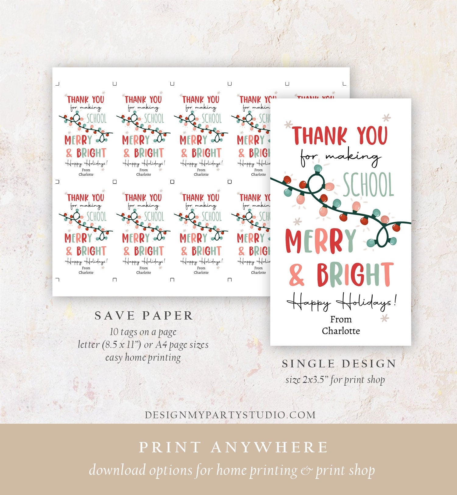 Editable Thank You for Making School Merry And Bright Gift Tags Teacher Christmas Tag Holiday Kids School Lights Tag Printable Corjl 0443