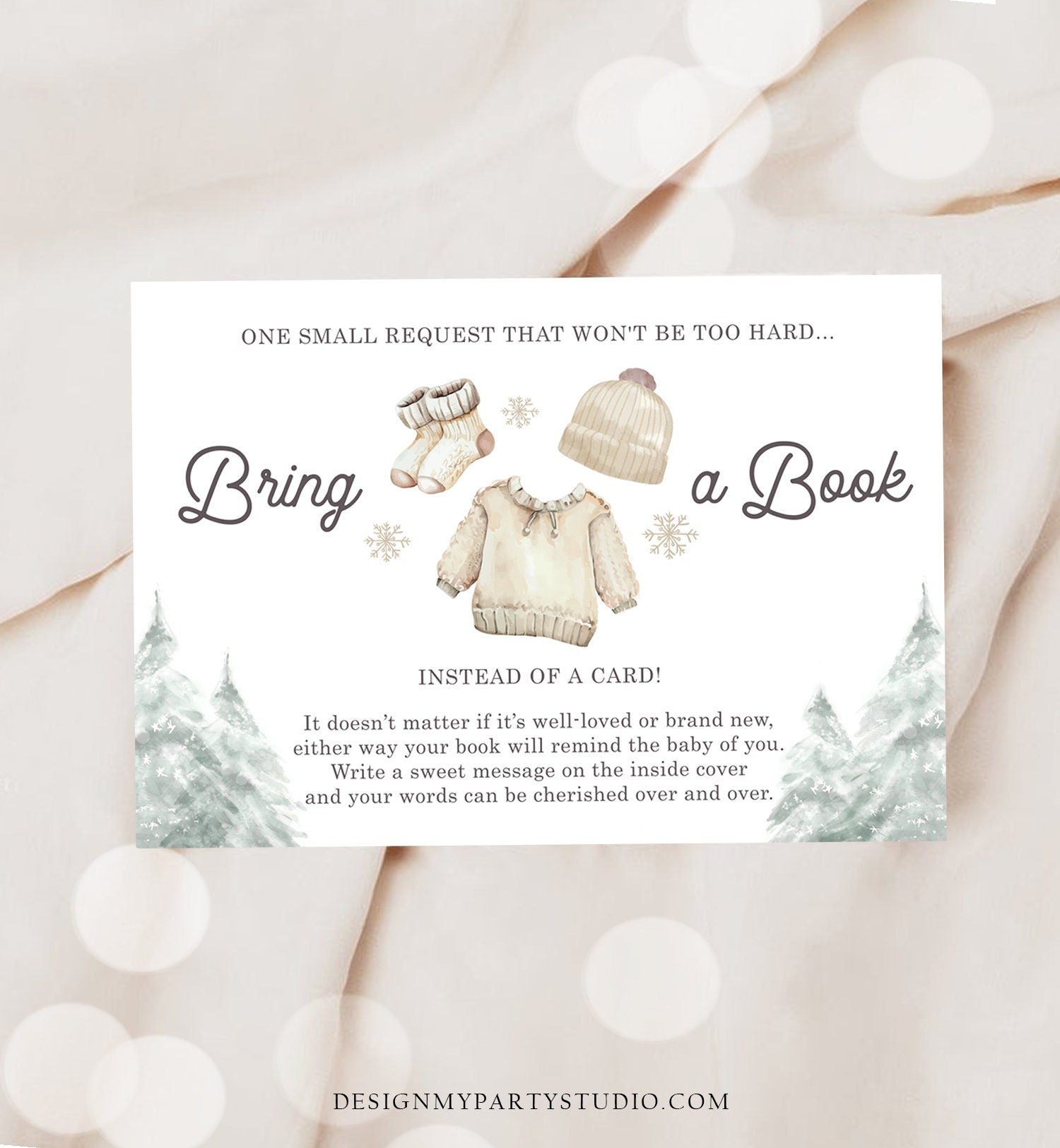 Editable Bring a Book Card Baby It's Cold Outside Baby Shower Winter Snow Gender Neutral Watercolor Request Corjl Template Printable 0491