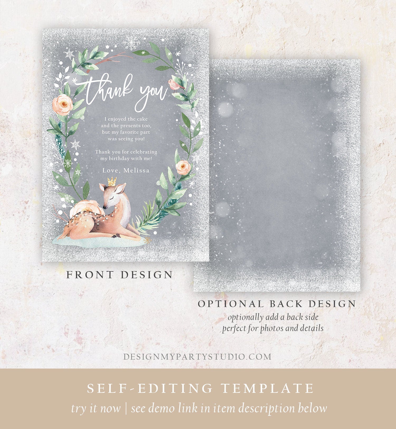 Editable Winter Onederland Thank You Card Winter Deer Snowflake First Birthday Note Pink Girl Gold Digital Download Template Printable 0265