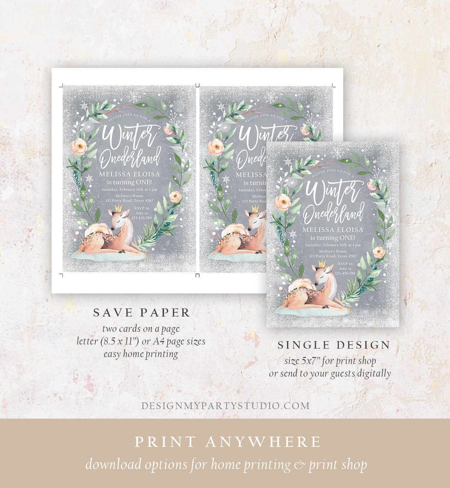 Editable Winter ONEderland Birthday Invitation Deer First Birthday Snowflakes Girl Pink Gold Foil Digital Evite Template Printable 0265