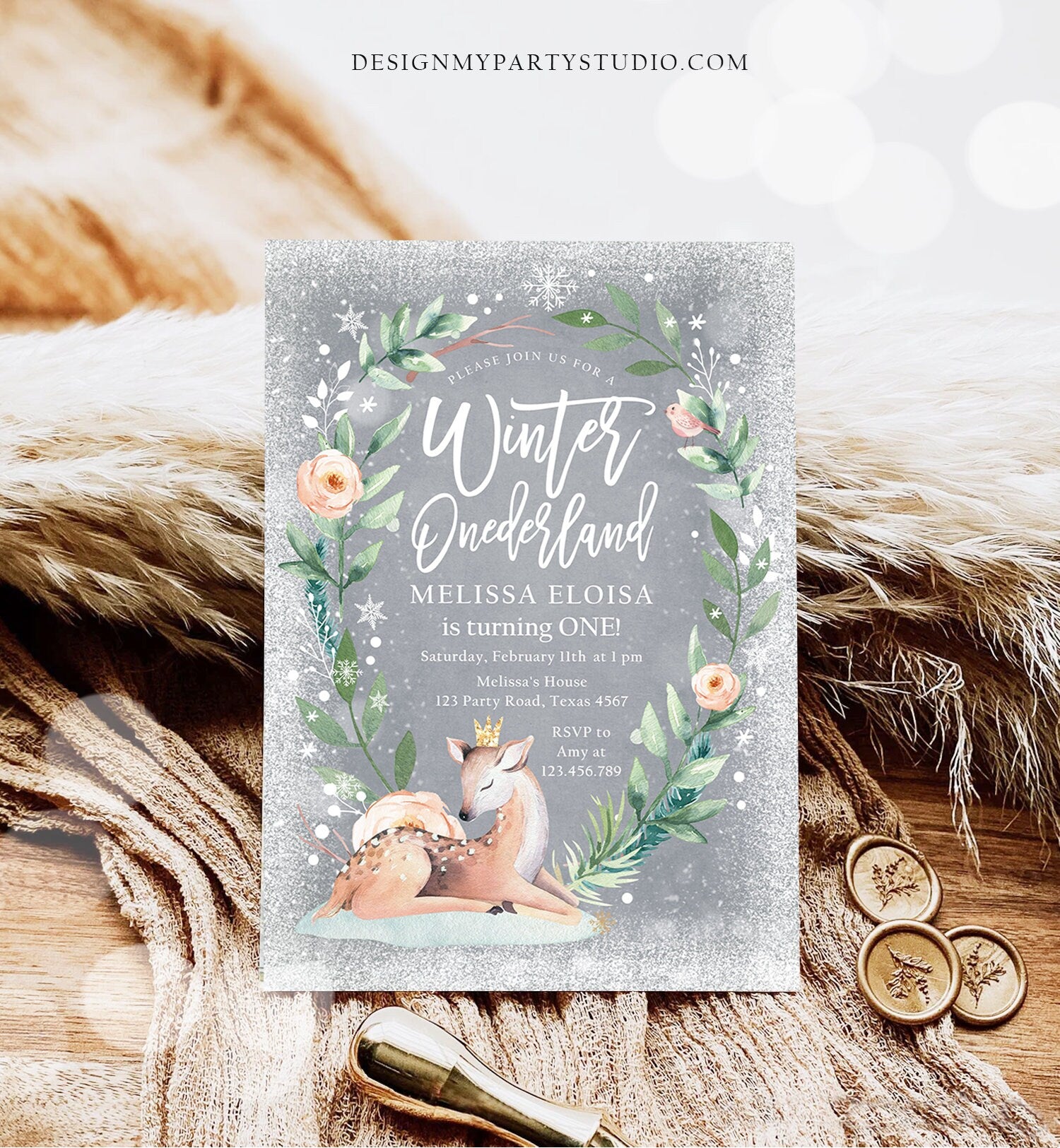 Editable Winter ONEderland Birthday Invitation Deer First Birthday Snowflakes Girl Pink Gold Foil Digital Evite Template Printable 0265