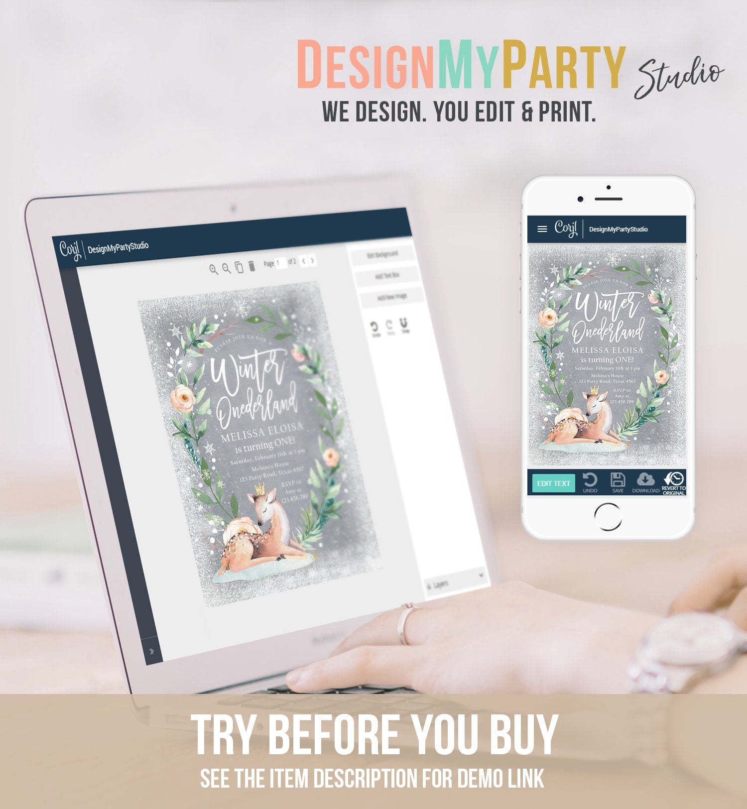 Editable Winter ONEderland Birthday Invitation Deer First Birthday Snowflakes Girl Pink Gold Foil Digital Evite Template Printable 0265