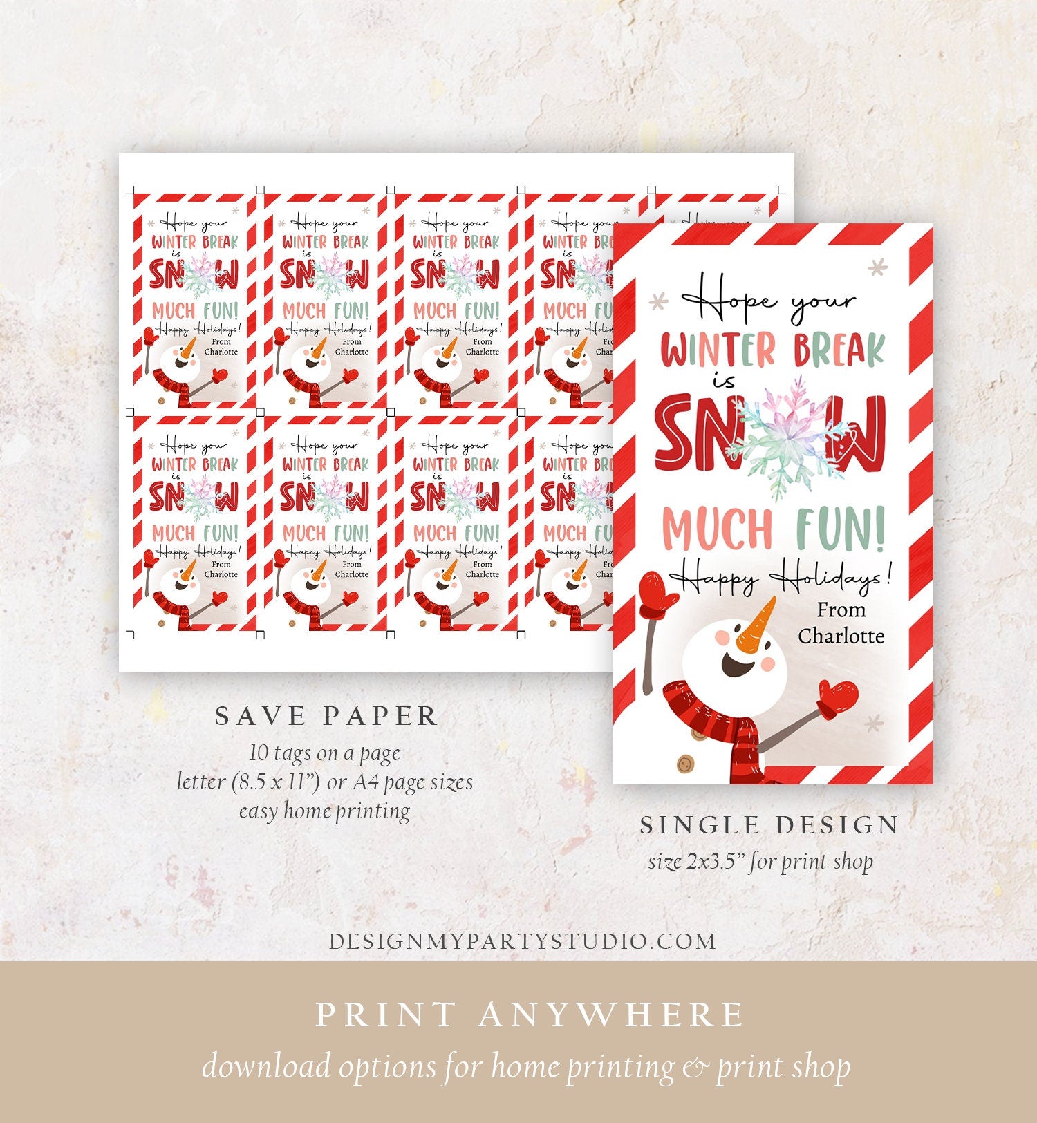 Editable Hope Your Winter Break is Snow Much Fun Gift Tags Christmas Tag Holiday Teacher Student Kids Preschool Kids Printable Corjl 0443