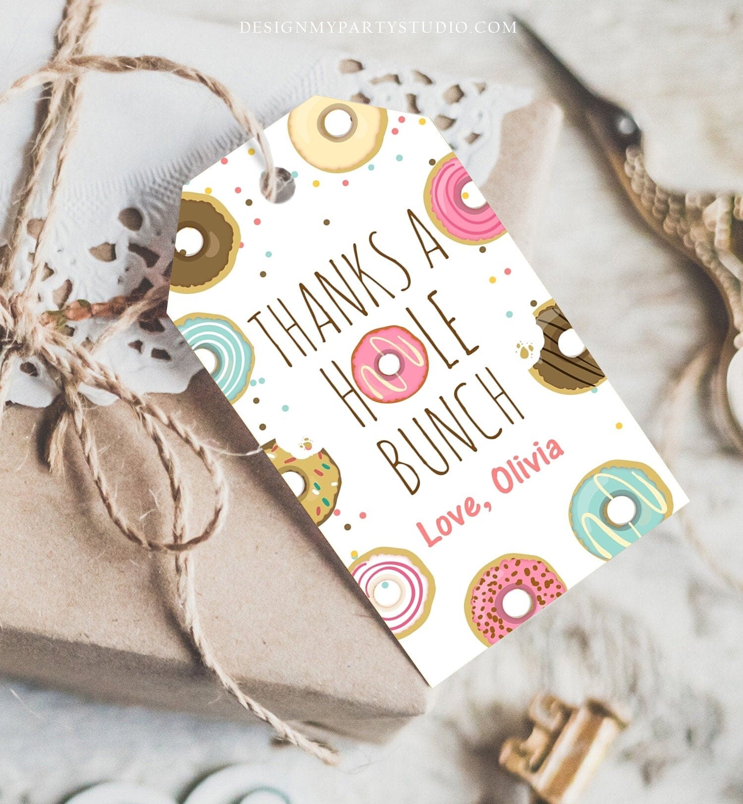 Editable Donut Favor Tags Tags Donut Birthday Donut Thank you tags A hole bunch Birthday Girl Pink Donut tags Template PRINTABLE Corjl 0050