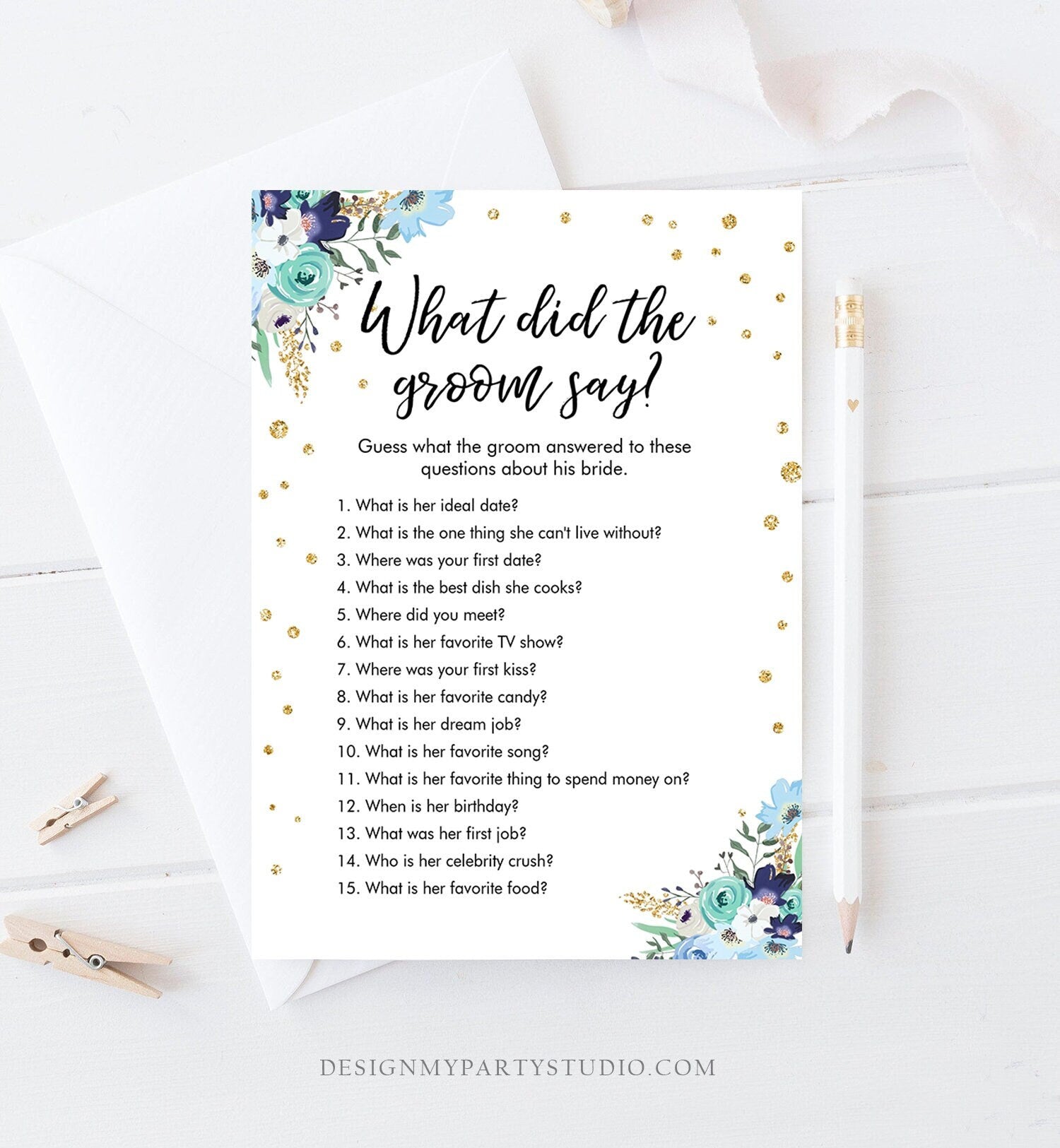 Editable What Did The Groom Say About His Bride Game Bridal Shower Game Blue Floral Gold Confetti Download Corjl Template Printable 0030