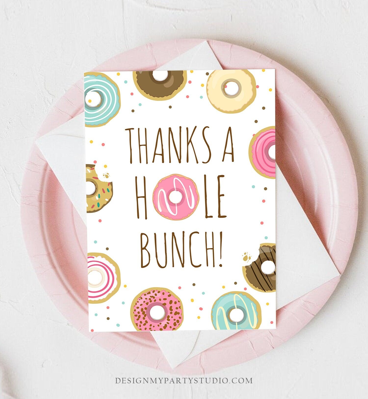 Editable Donut Thank You Card Note Pink Girl Birthday Party Doughnut Thank You Photo Sweet First Birthday 1st Corjl Template Printable 0050
