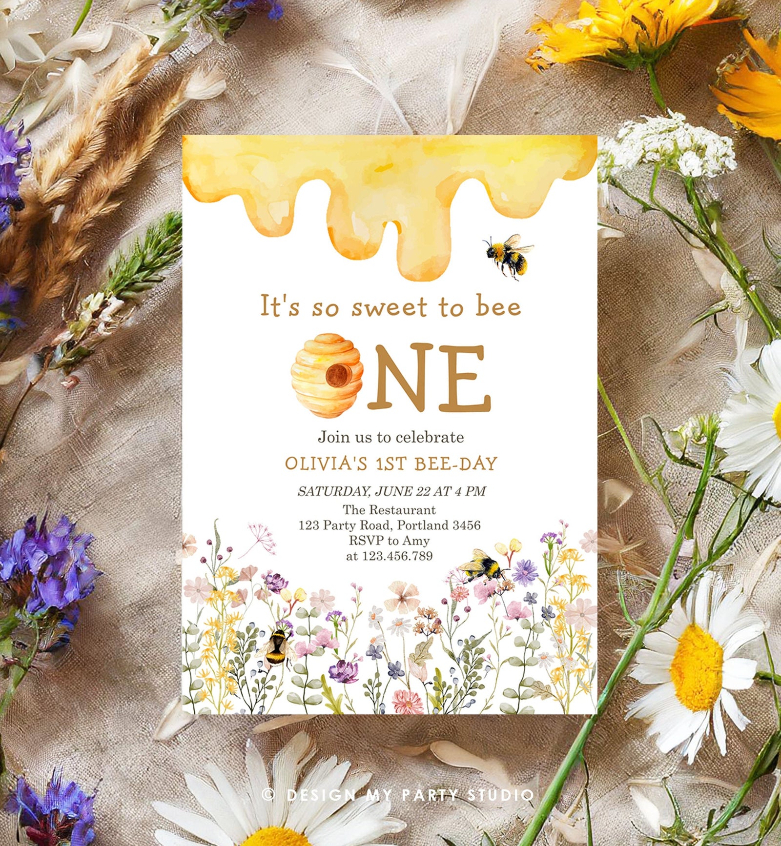 Editable Sweet to Bee One Invitation First Bee-Day Party 1st Bee Day Honey Girl First Birthday Bumble Bee Invitation Digital Corjl 0502