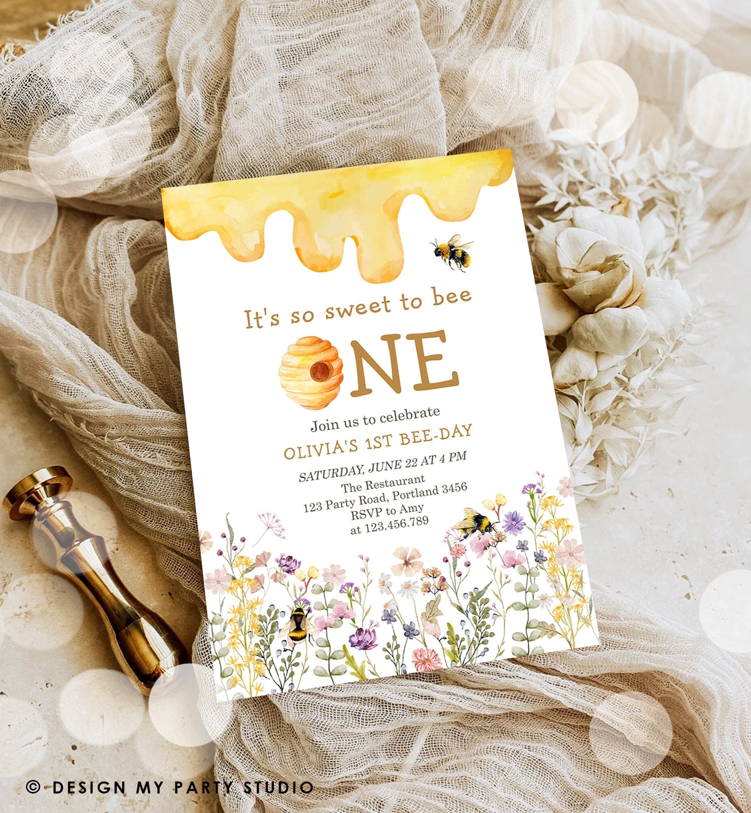 Editable Sweet to Bee One Invitation First Bee-Day Party 1st Bee Day Honey Girl First Birthday Bumble Bee Digital Template Printable 0502