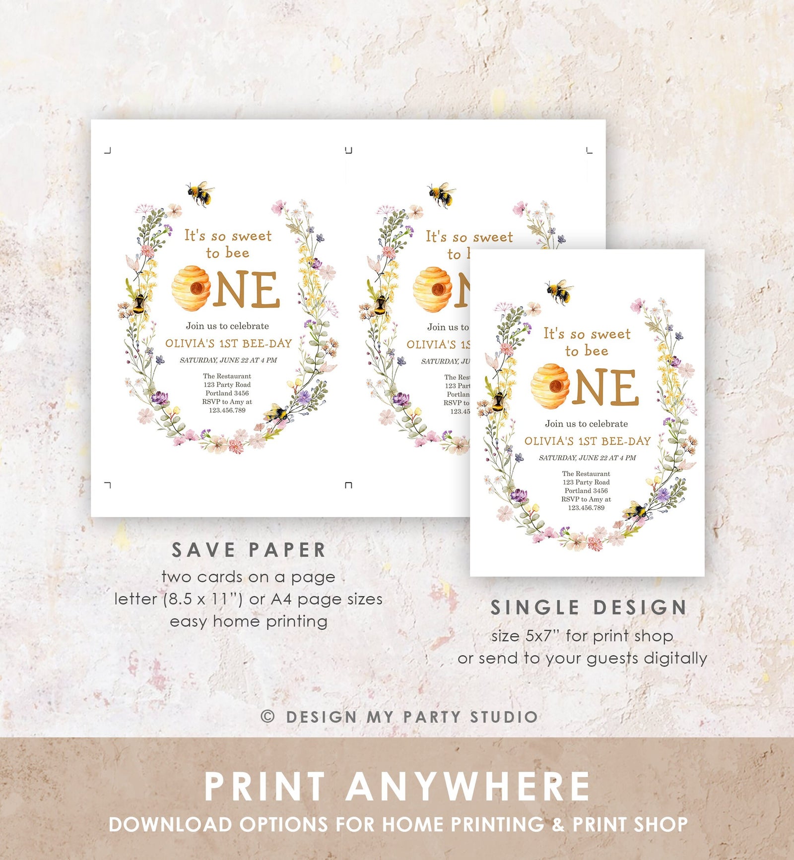 Editable Sweet to Bee One Invitation First Bee-Day Party 1st Bee Day Honey Girl First Birthday Bumble Bee Invitation Digital Printable 0502