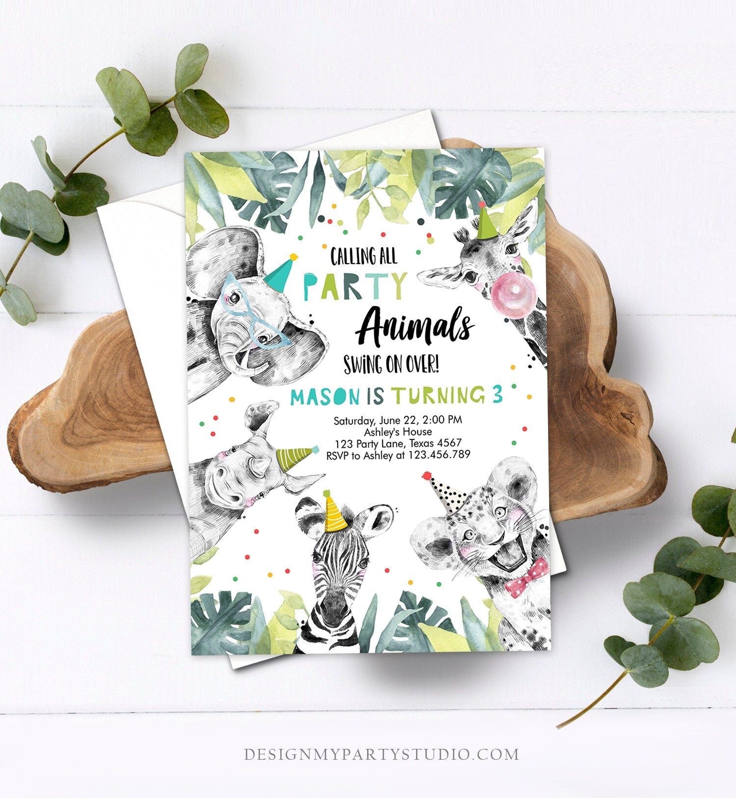 Editable Party Animals Birthday Invitation Wild One Animals Invitation Zoo Safari Animals Boy Download Printable Invite Evite Template 0322