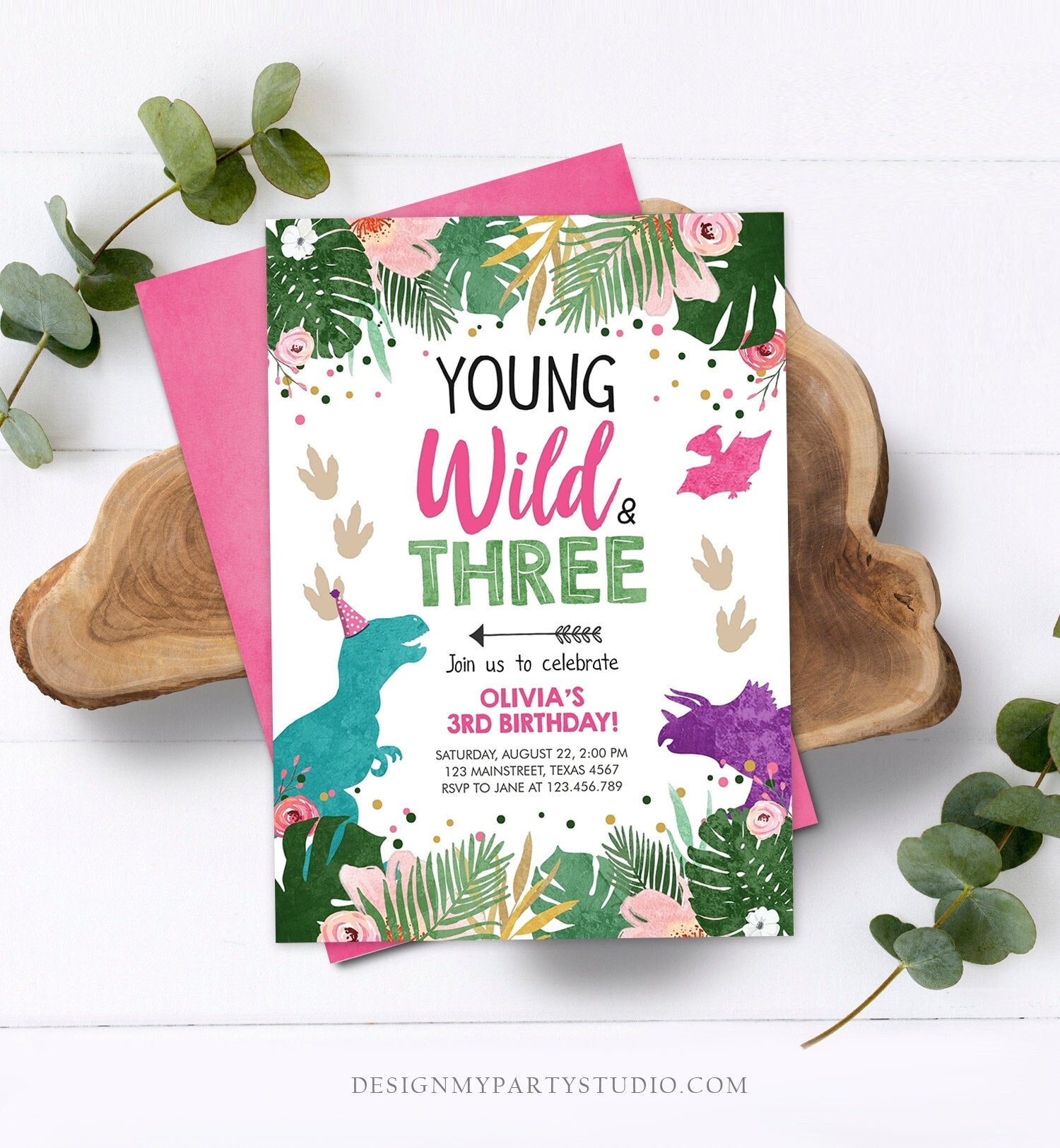 Editable Young Wild and Three Birthday Invitation Dinosaur Dino Party Girl 3rd Third Birthday Pink Purple Corjl Template Printable 0388