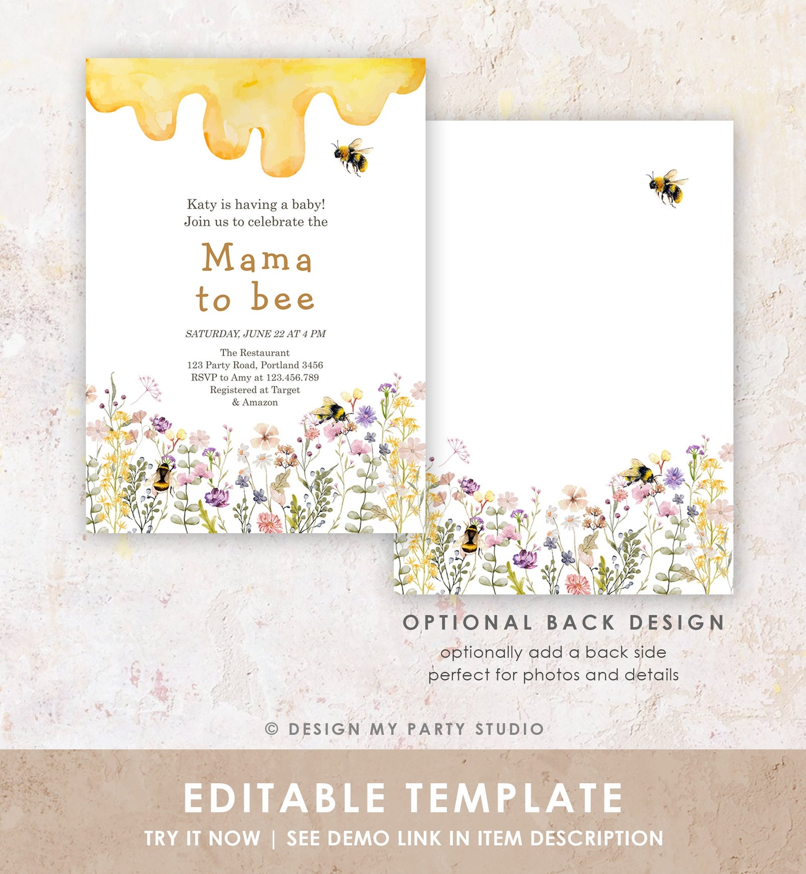 Editable Mama to Bee Invitation Wildflower Baby Shower Bee Honey Boho Mommy to Bee Summer Digital Download Evite Template Printable 0502