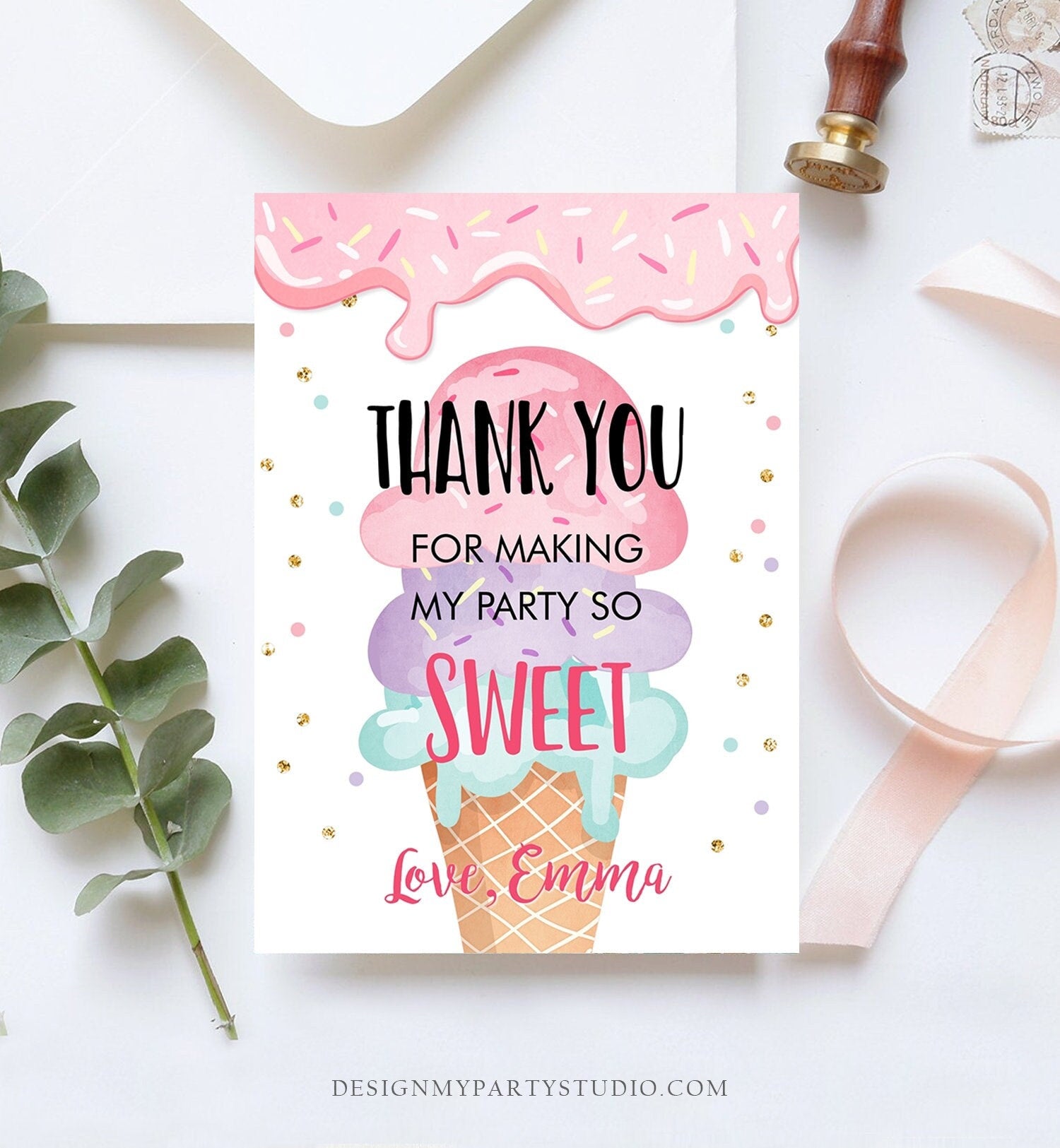 Editable Ice Cream Thank You Card Ice Cream Birthday Thank you Note Girl Birthday Summer Digital Download Template Printable 0243