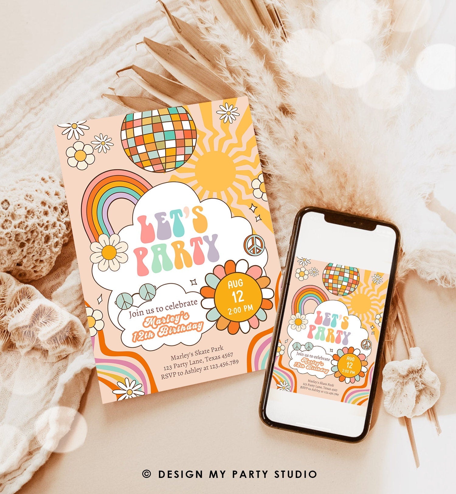 Editable Groovy Birthday Party Invitation Let's Party Birthday Hippie Boho Retro Flower Power 70's Girl Download Template Corjl Digital 0459