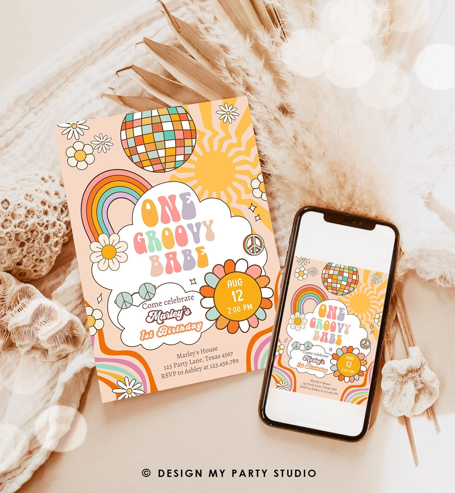 Editable Groovy One Retro 1st Birthday Invitation First Birthday One Groovy Babe Invite Peace Love Download Template Corjl Digital 0459