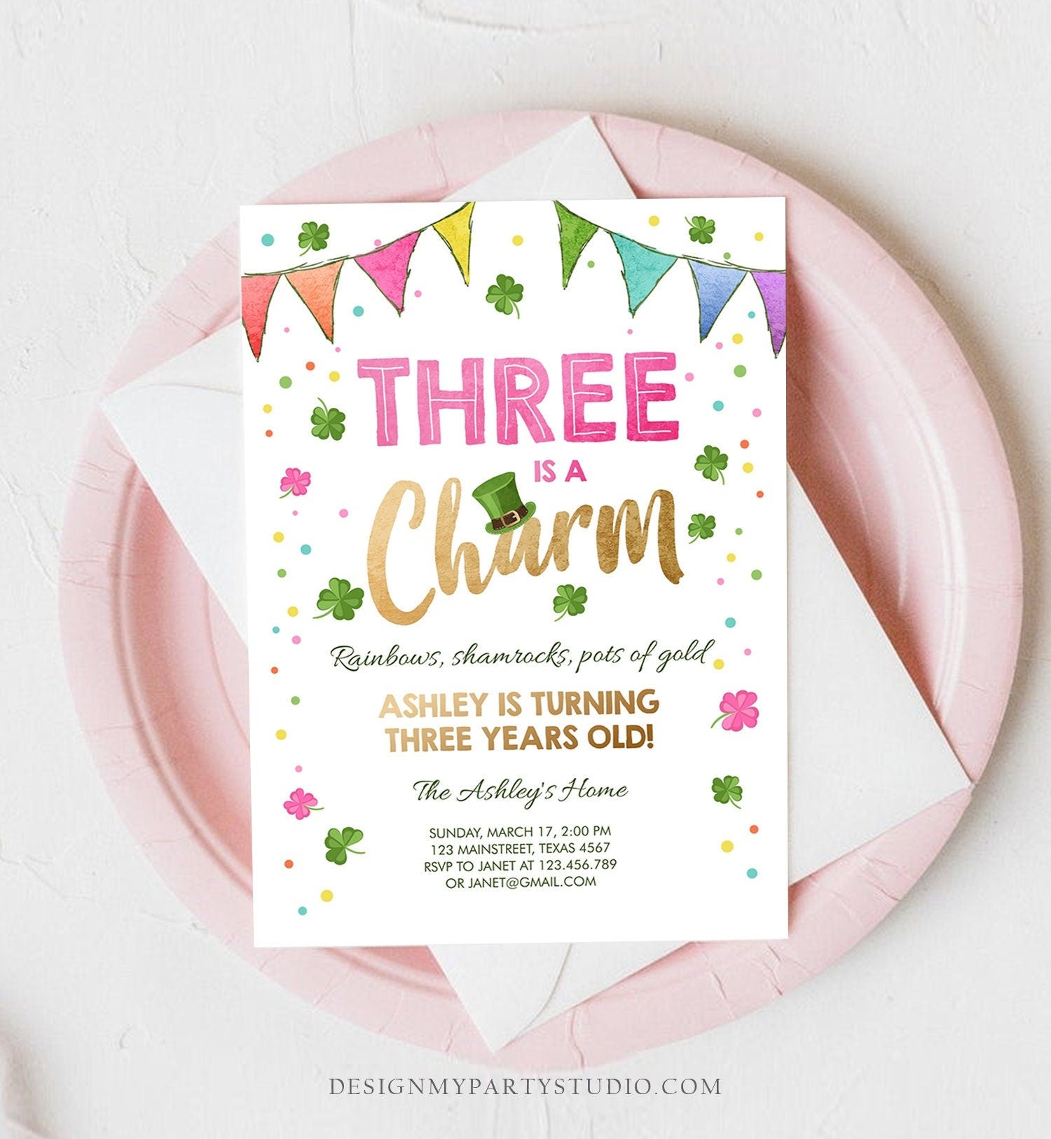 Editable St. Patrick's Day Birthday Invitation Shamrock Clover St Patricks Day 3rd Birthday Three Girl Printable Invite Template Corjl 0115