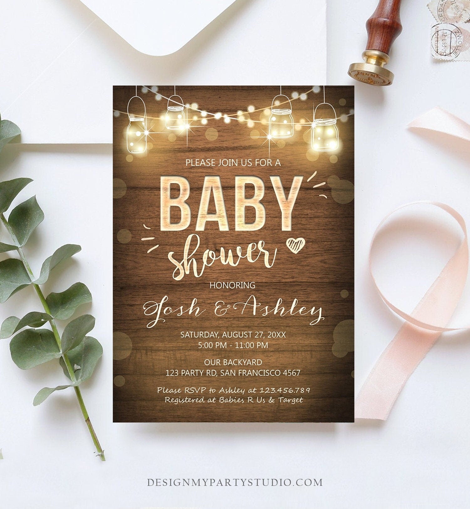 Editable Baby Shower Invitation Rustic Wood Lights Jars Coed Shower Sprinkle BBQ Gender Neutral Download Corjl Template Printable 0015