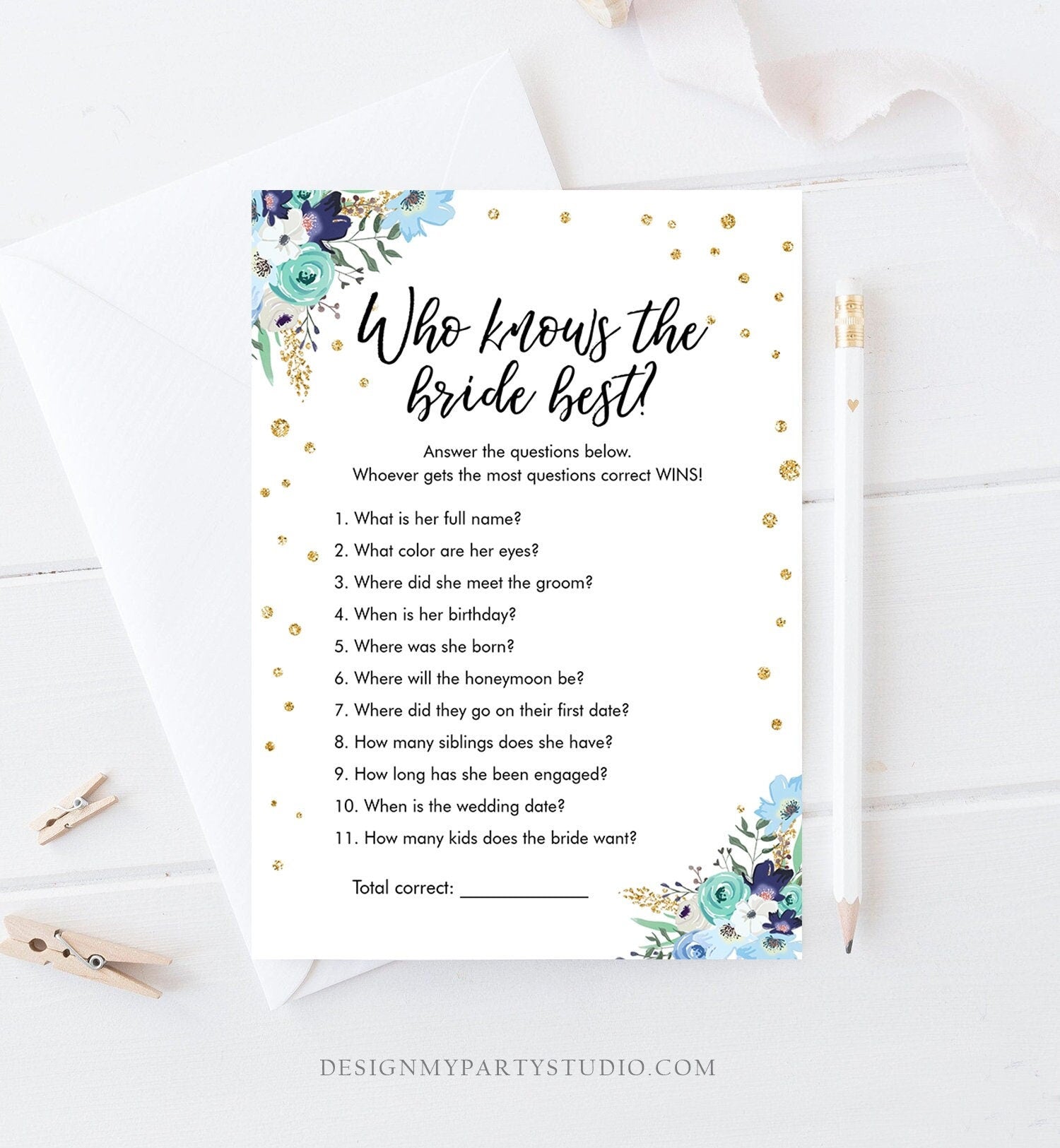 Editable Who Knows the Bride Best Bridal Shower Game Wedding Shower Activity Floral Blue Gold Confetti Corjl Template Printable 0030