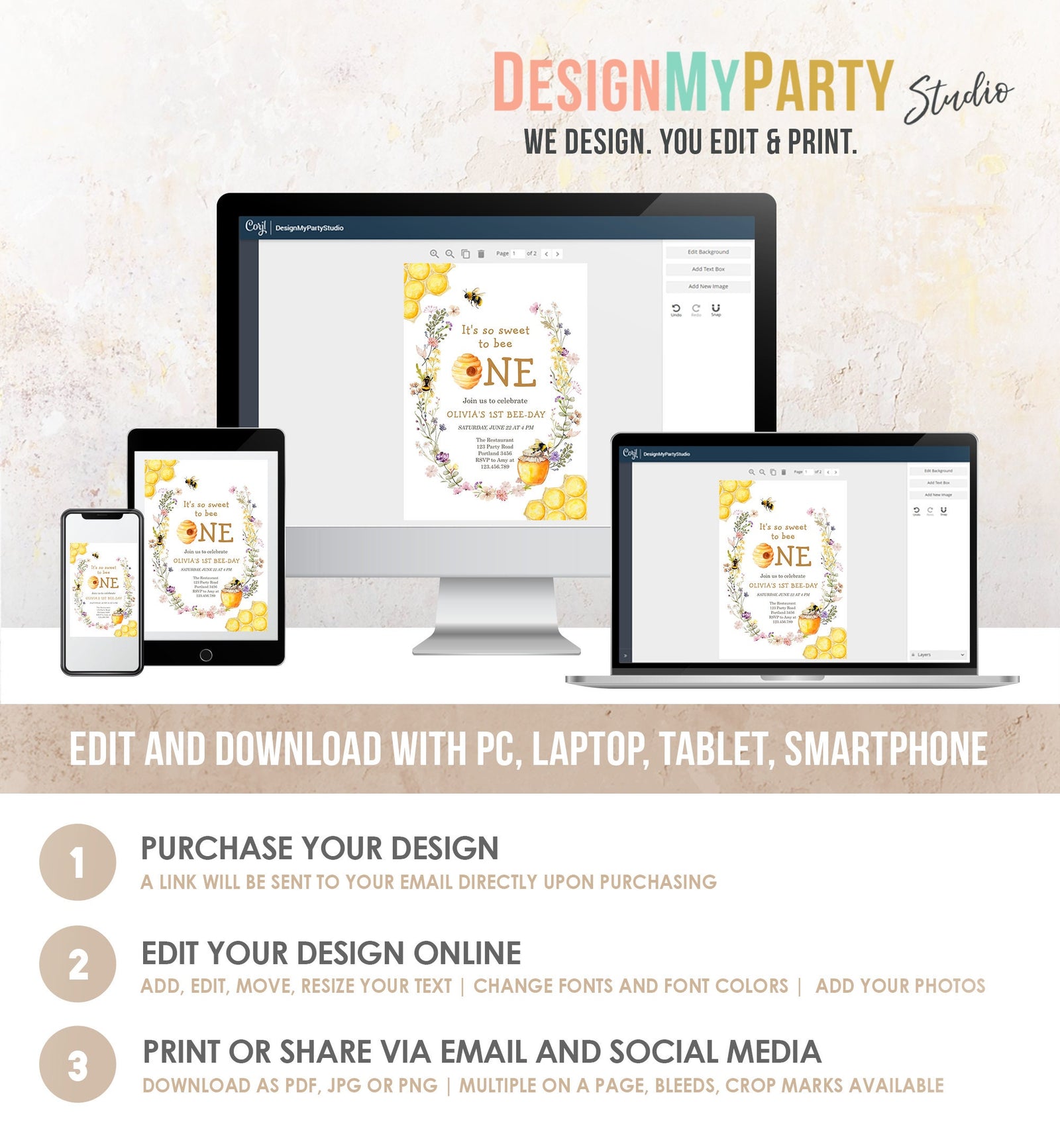 Editable Sweet to Bee One Invitation First Bee-Day Party 1st Bee Day Honey Girl First Birthday Bumble Bee Invitation Digital Corjl 0502