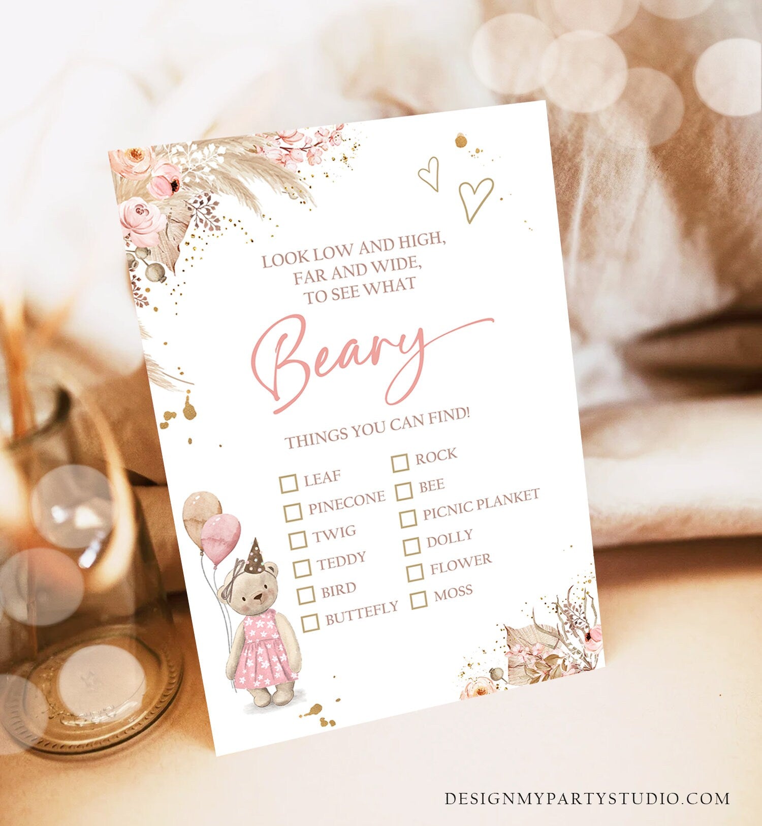 Editable Scavenger Hunt Checklist Game Party Teddy Bear Birthday Activity Whimsical Bear Forest Garden Girl Digital Template Printable 0421