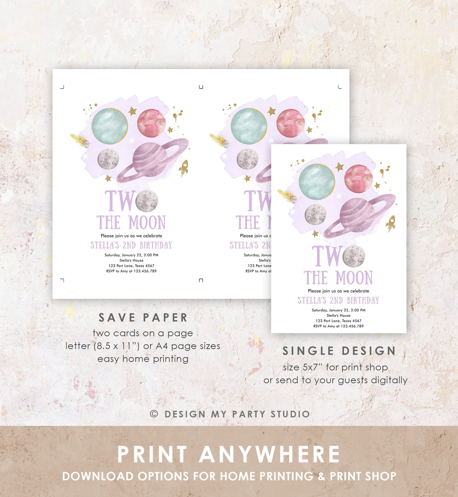 Editable Two the Moon 2nd Second Birthday Invitation Girl Purple Space Two the Moon Galaxy Download Printable Template Digital Corjl 0357