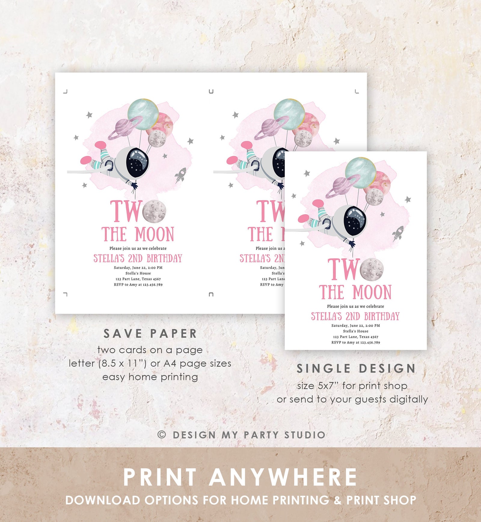 Editable Two the Moon Outer Space Birthday Invitation Out of this World Astronaut Pink Silver Girl Second 2nd Evite Template Printable 0366