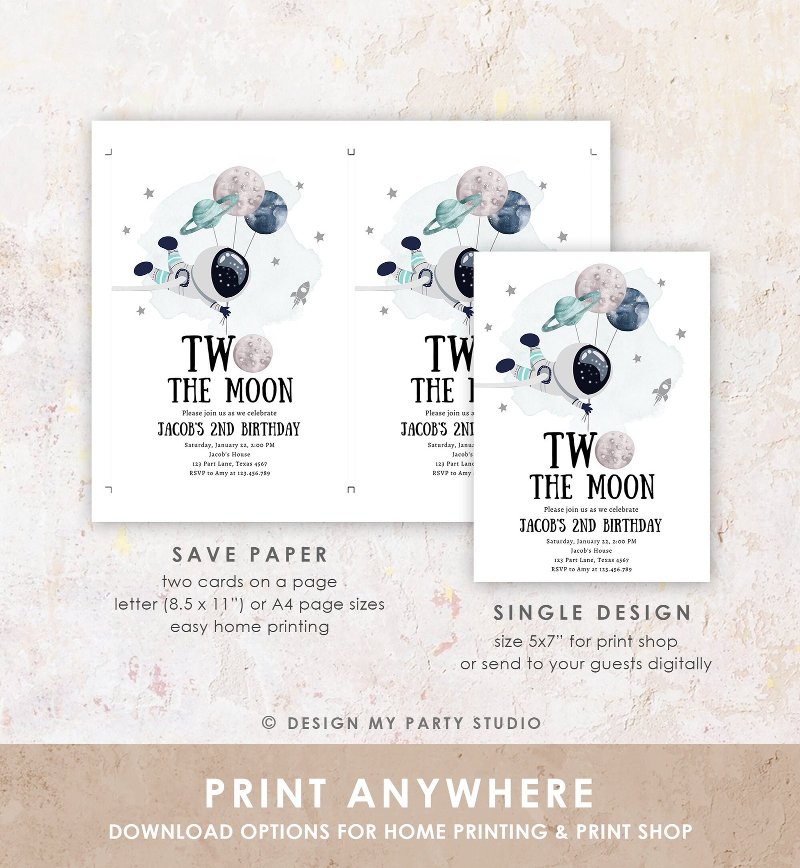 Editable Two the Moon Outer Space Birthday Invitation Out of this World Astronaut Blue Silver Boy Second 2nd Evite Template Printable 0366