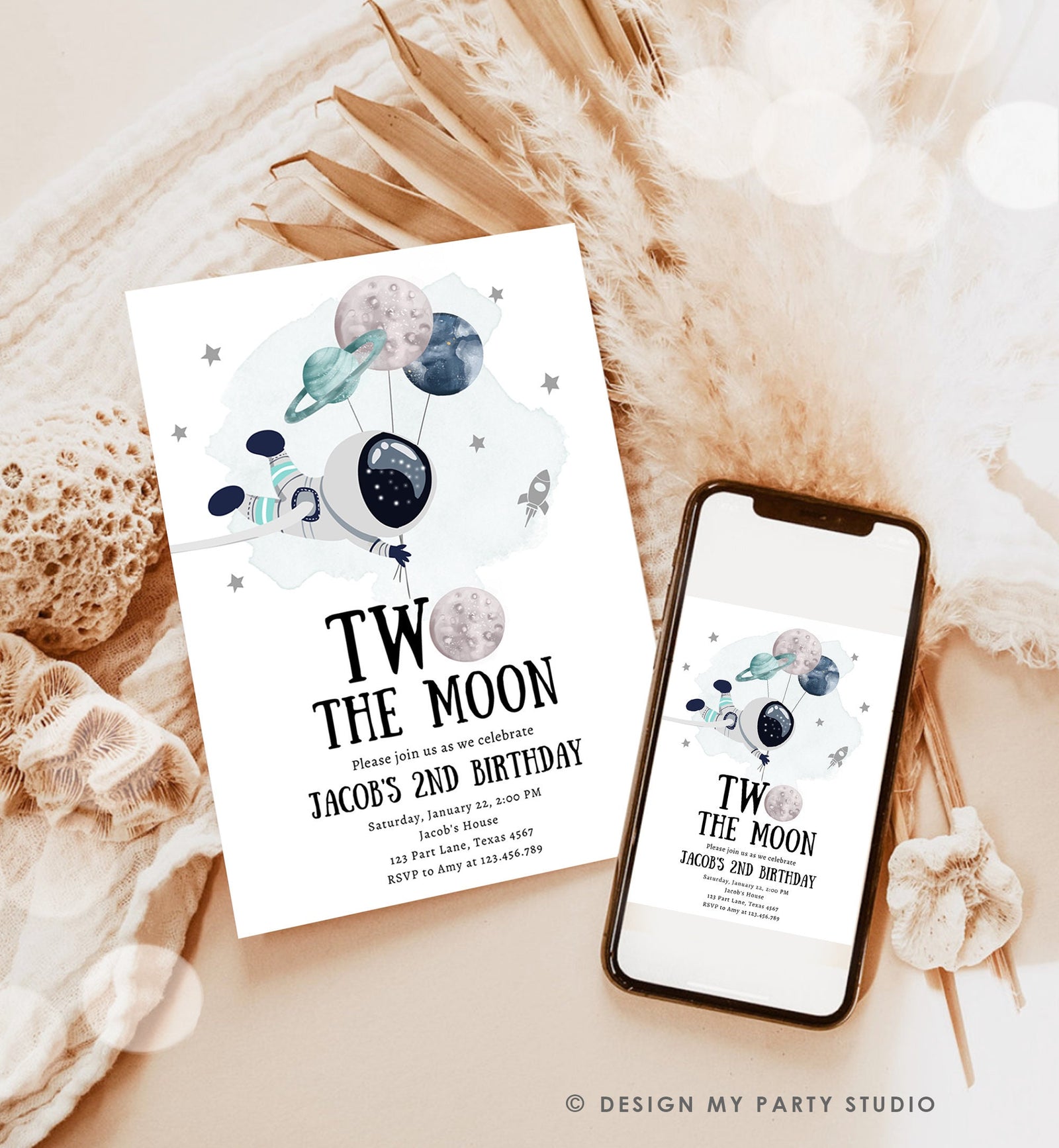 Editable Two the Moon Outer Space Birthday Invitation Out of this World Astronaut Blue Silver Boy Second 2nd Evite Template Printable 0366