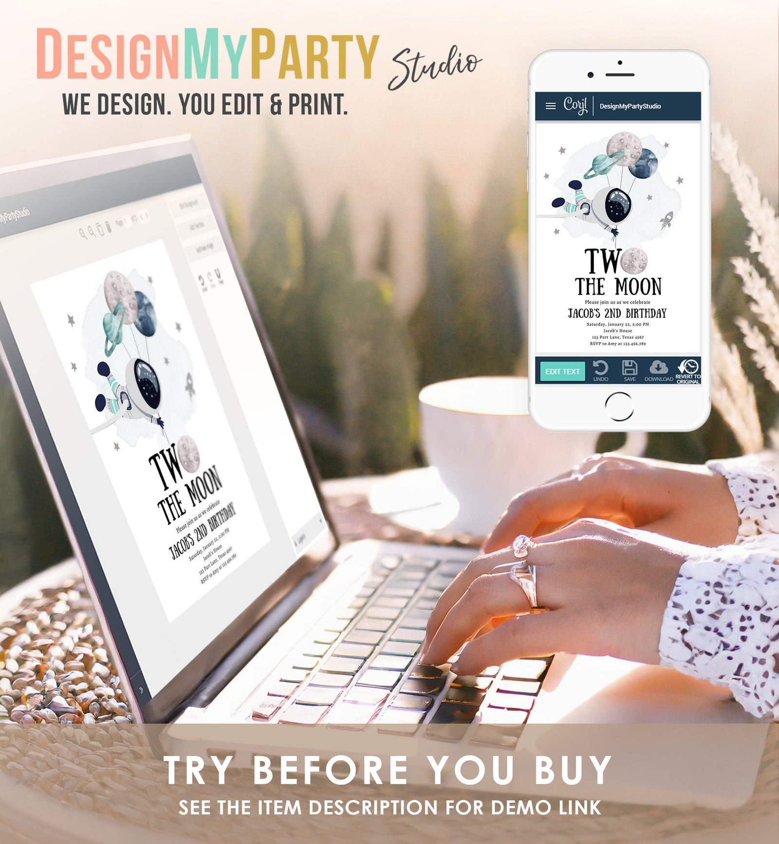 Editable Two the Moon Outer Space Birthday Invitation Out of this World Astronaut Blue Silver Boy Second 2nd Evite Template Printable 0366