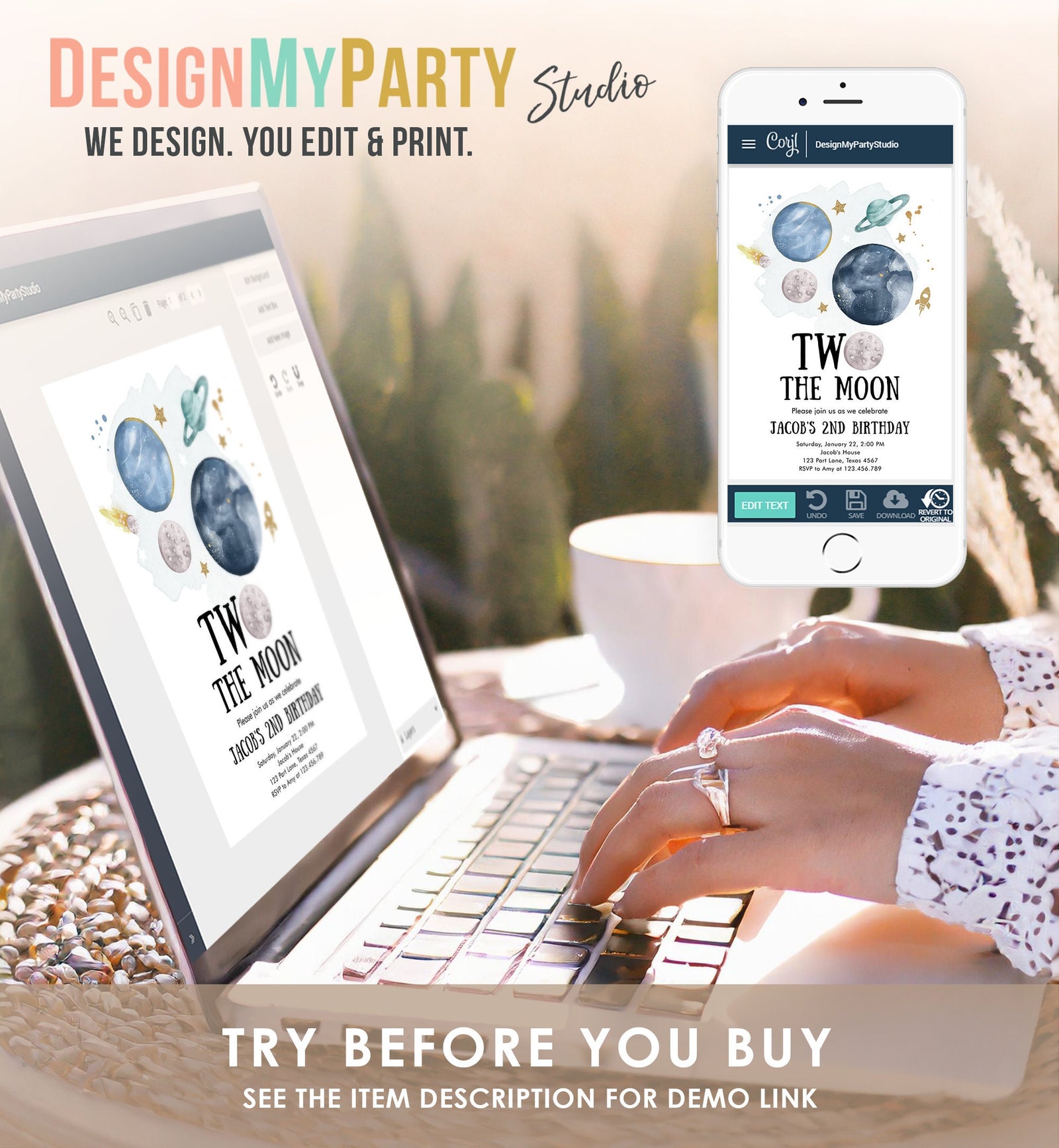 Editable Two the Moon 2nd Second Birthday Invitation Space Planets Rocket Astronaut Galaxy Digital Download Evite Template Printable 0357