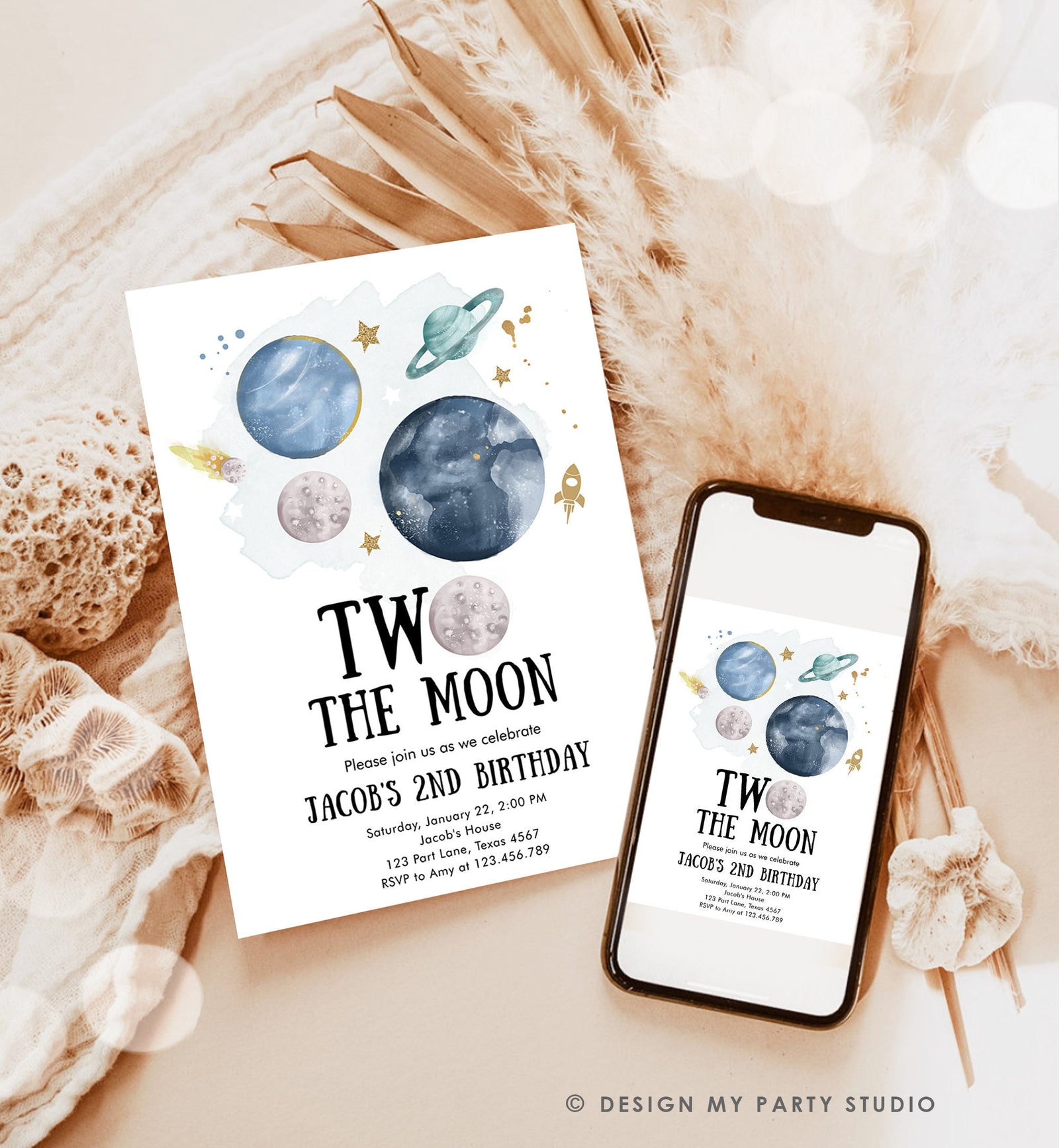 Editable Two the Moon 2nd Second Birthday Invitation Space Planets Rocket Astronaut Galaxy Digital Download Evite Template Printable 0357