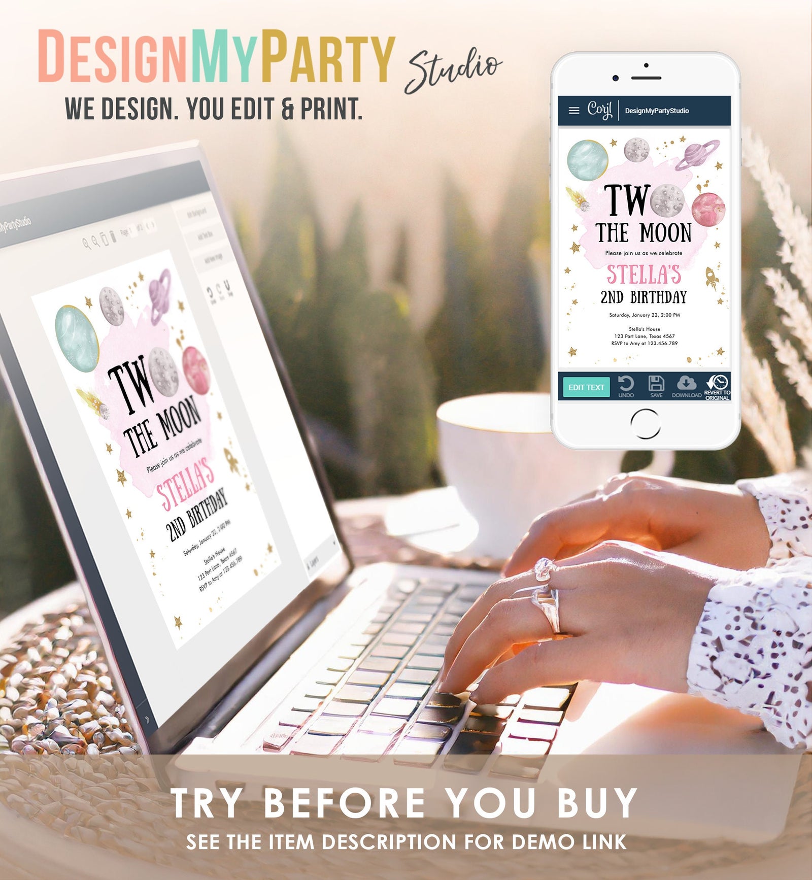 Editable Two the Moon Second Birthday Invitation Space Astronaut Love You to the Moon Galaxy 2nd Girl Digital Template Printable 0357