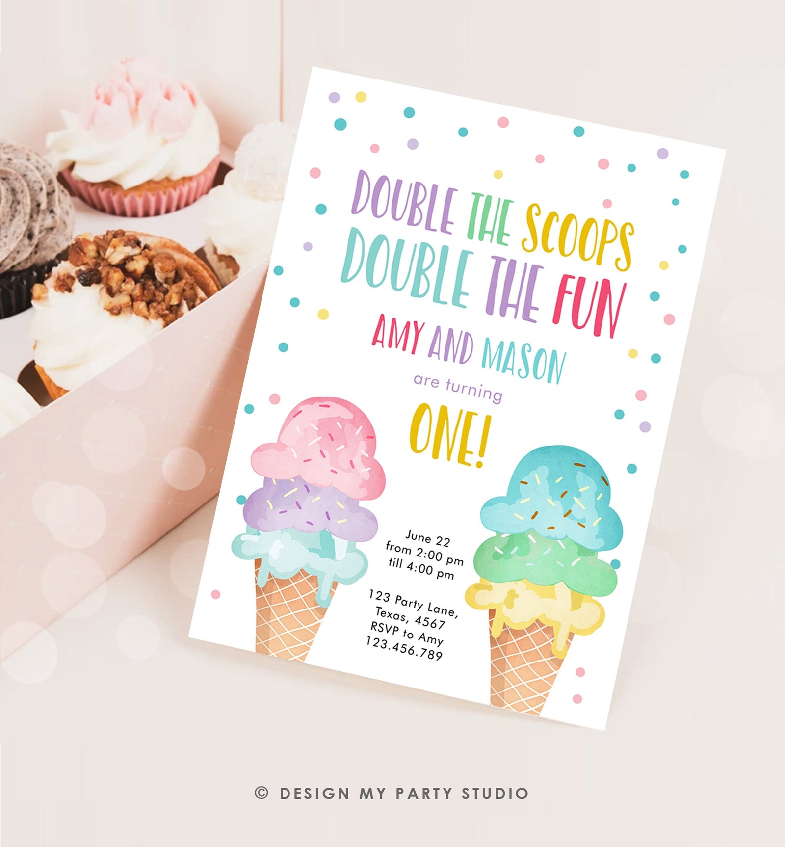 Editable Twin Ice Cream Birthday Invitation First Birthday Double the Scoops Double Fun Twins Purple Pink Blue Printable Template Corjl 0243