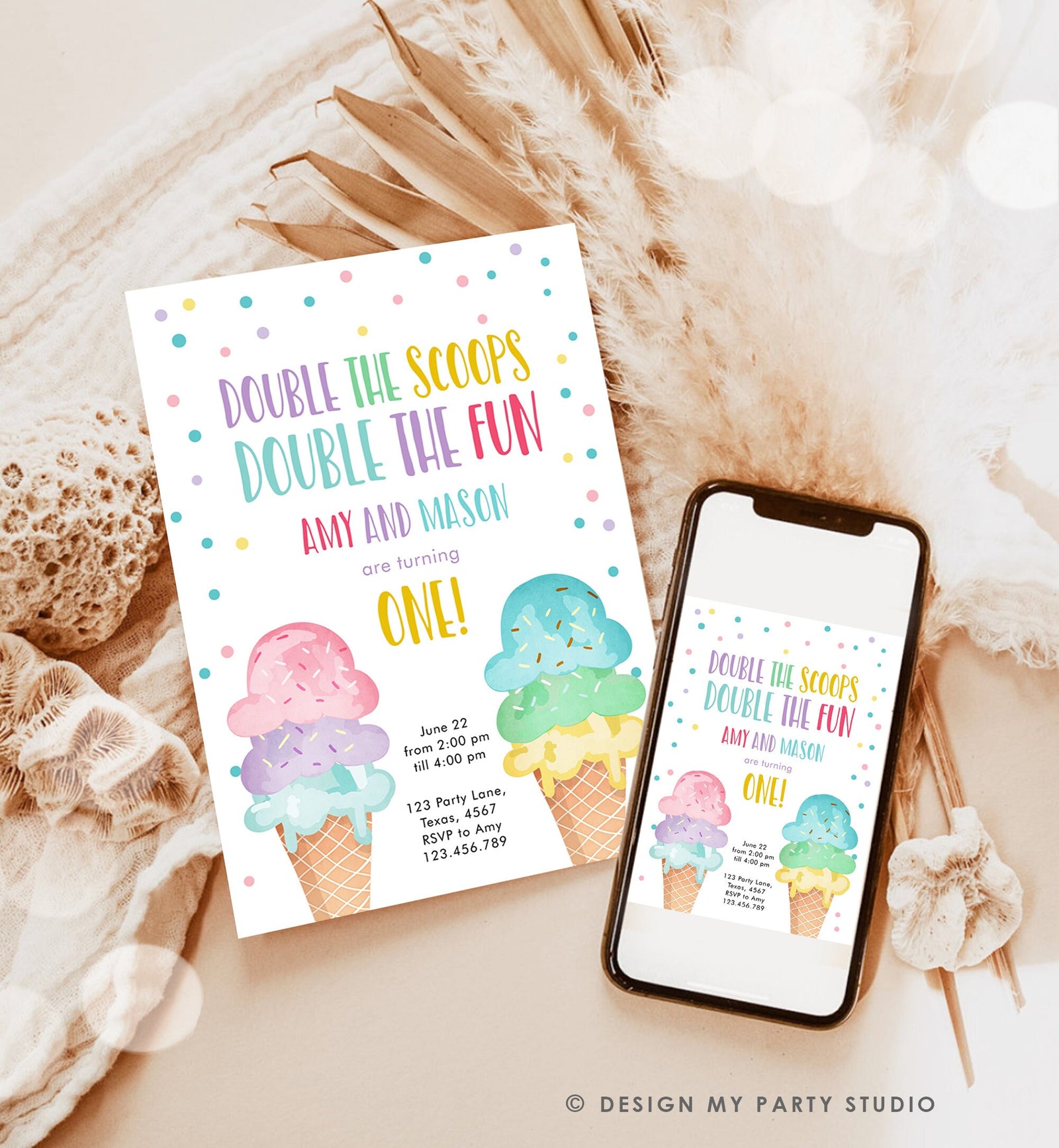 Editable Twin Ice Cream Birthday Invitation First Birthday Double the Scoops Double Fun Twins Purple Pink Blue Printable Template Corjl 0243