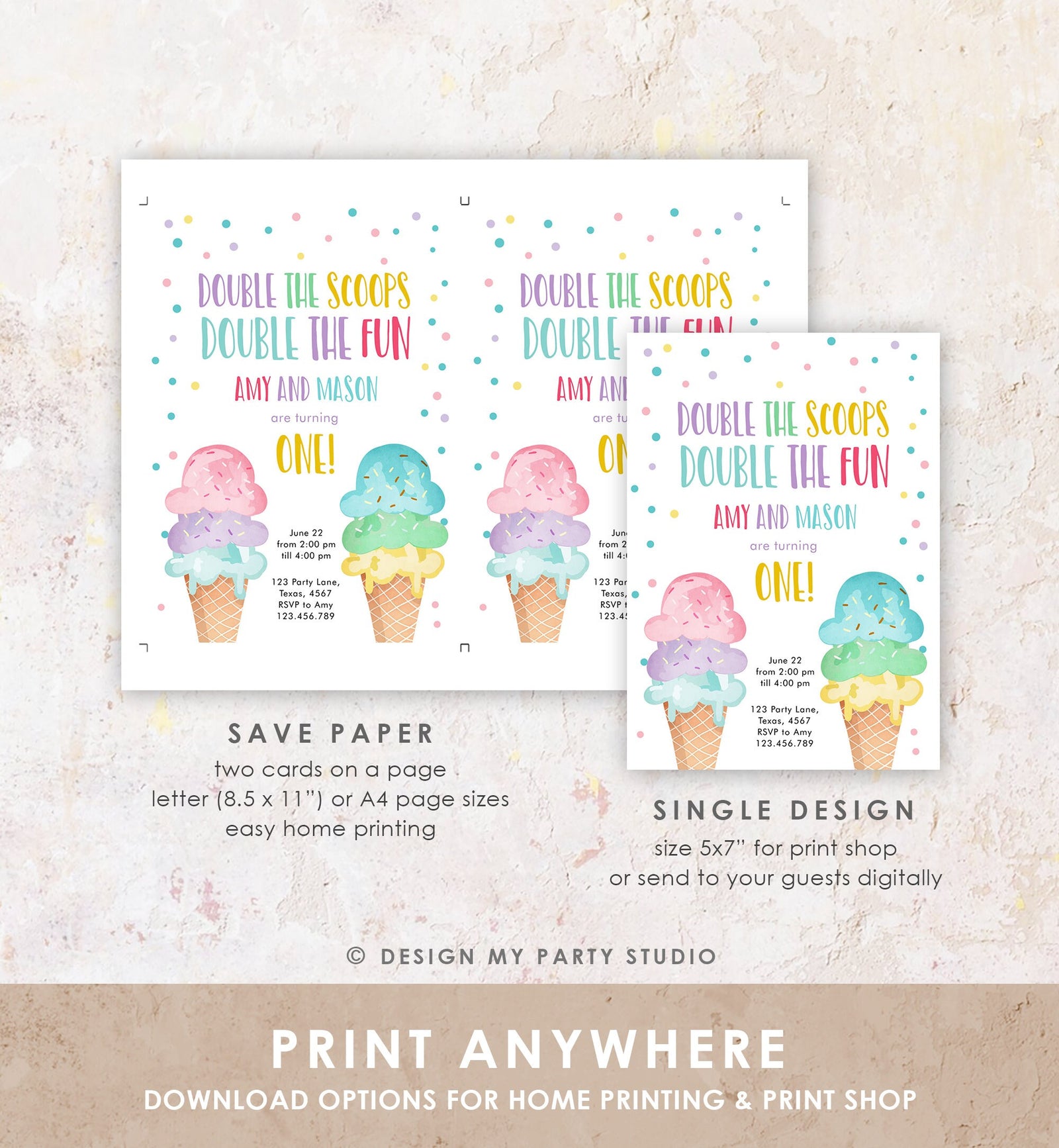 Editable Twin Ice Cream Birthday Invitation First Birthday Double the Scoops Double Fun Twins Purple Pink Blue Printable Template Corjl 0243