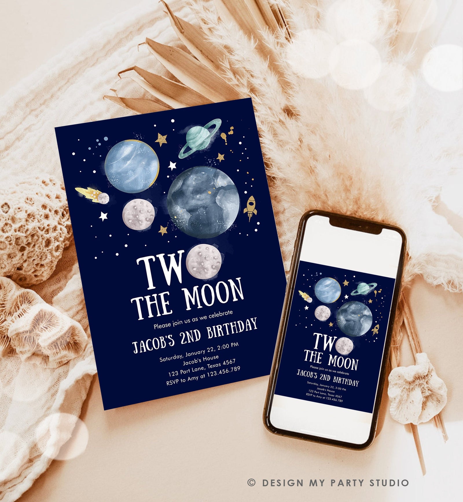 Editable Two the Moon 2nd Birthday Invitation Space Astronaut Planets Rocket Galaxy Digital Download Evite Template Printable 0357