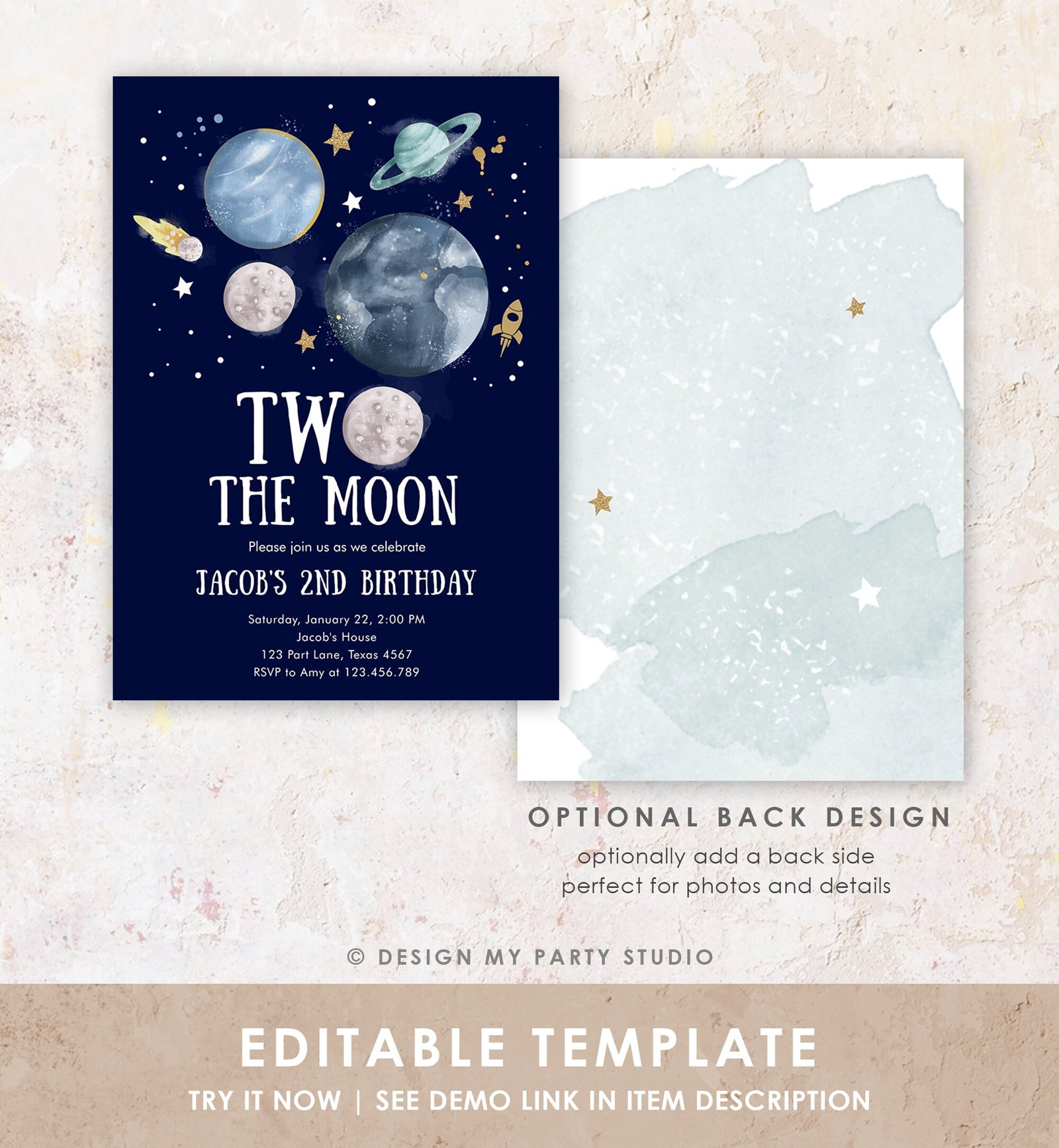 Editable Two the Moon 2nd Birthday Invitation Space Astronaut Planets Rocket Galaxy Digital Download Evite Template Printable 0357
