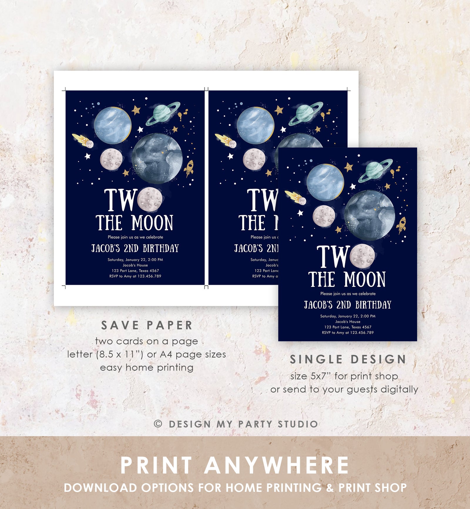 Editable Two the Moon 2nd Birthday Invitation Space Astronaut Planets Rocket Galaxy Digital Download Evite Template Printable 0357