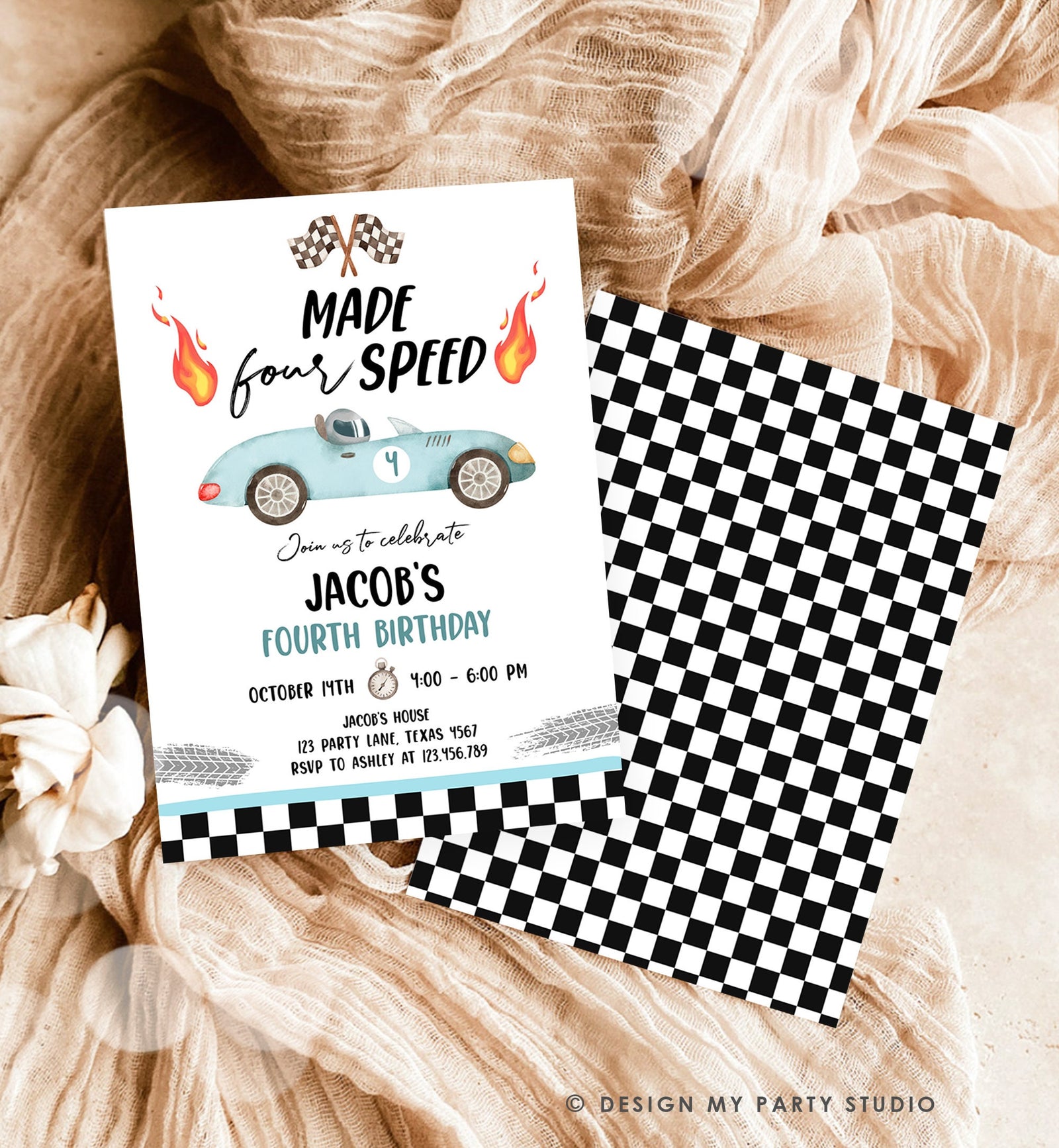 Editable Made Four Speed Race Car Fourth Birthday Invitation Boy Blue 4th Birthday Racing Party Made 4 Speed Digital Template Printable 0424