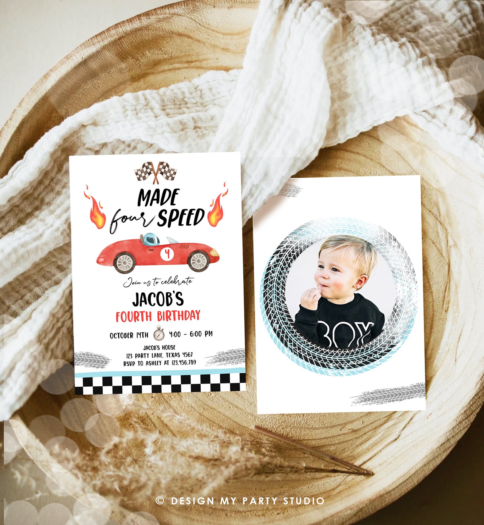 Editable Made Four Speed Race Car Fourth Birthday Invitation Boy Red 4th Birthday Racing Party Made 4 Speed Digital Template Printable 0424