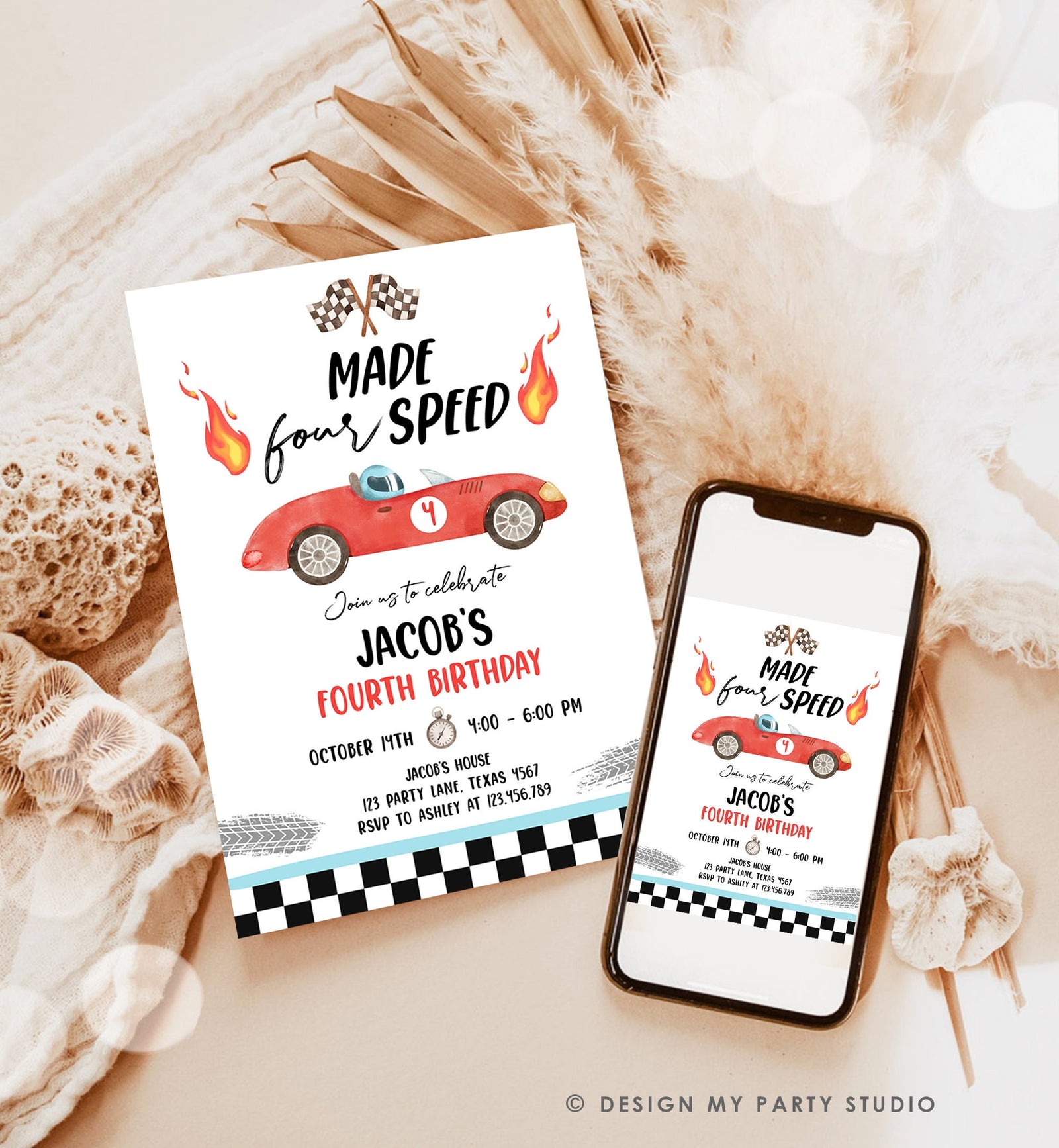 Editable Made Four Speed Race Car Fourth Birthday Invitation Boy Red 4th Birthday Racing Party Made 4 Speed Digital Template Printable 0424