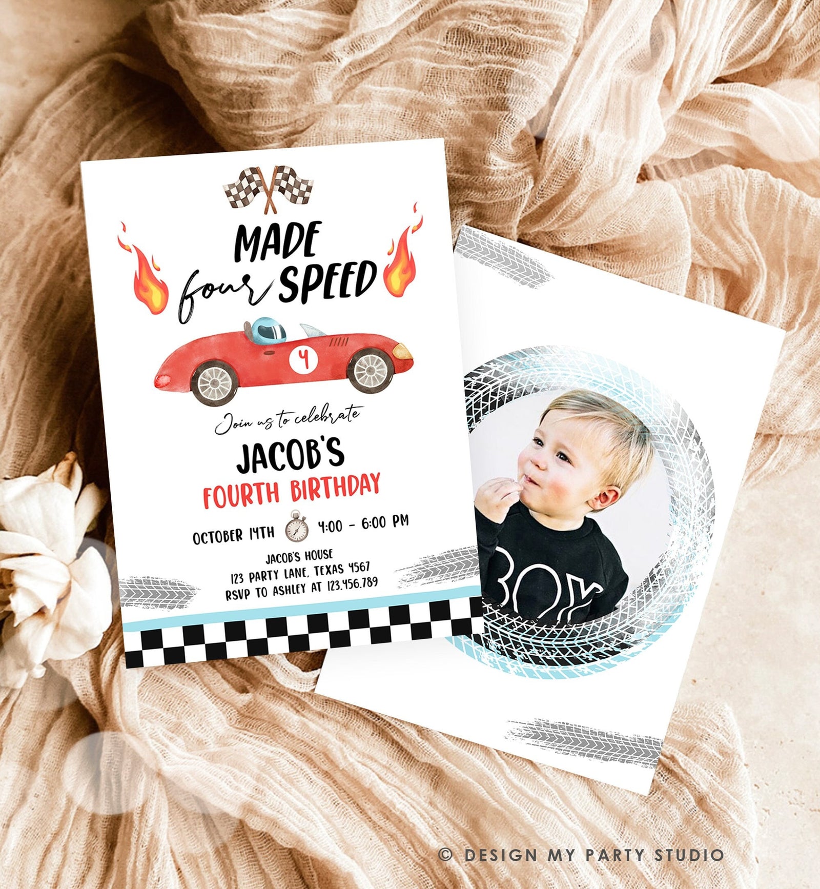 Editable Made Four Speed Race Car Fourth Birthday Invitation Boy Red 4th Birthday Racing Party Made 4 Speed Digital Template Printable 0424