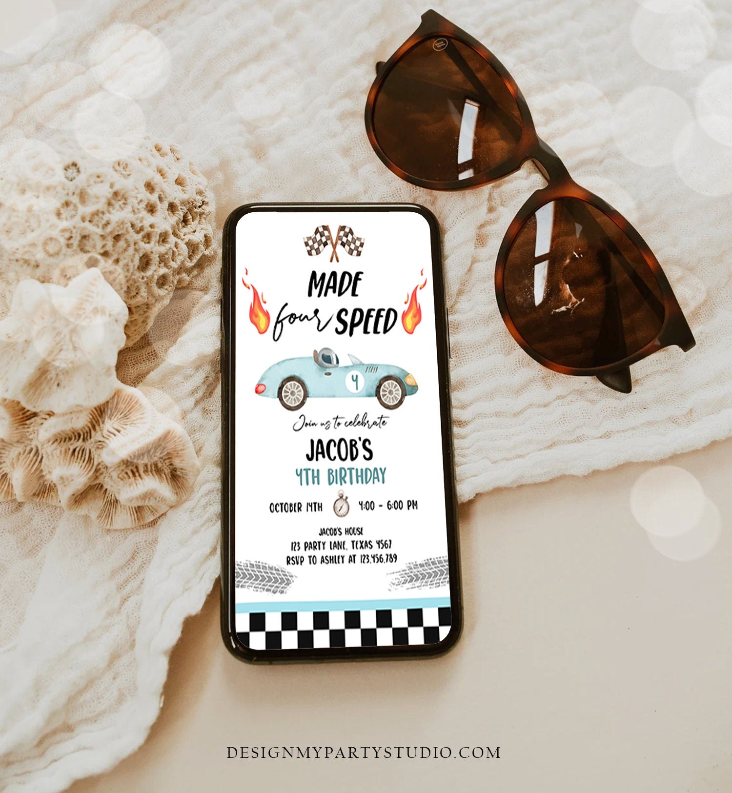 Editable Made Four Speed Race Car Fourth Birthday Invitation Boy Blue 4th Birthday Racing Evite Made 4 Speed Corjl Template Printable 0424