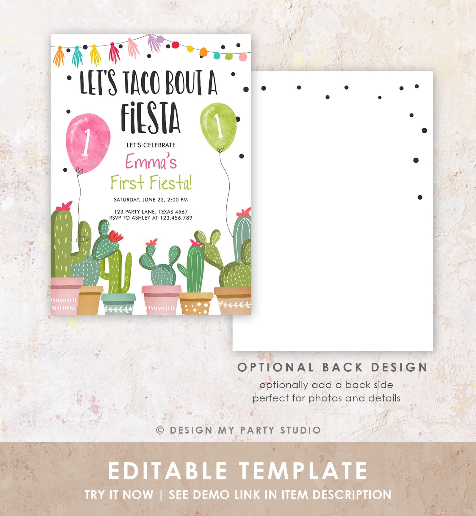 Editable Taco Bout a Fiesta Birthday Invitation ANY AGE Cactus Succulent 1st First Birthday Party Girl Pink Digital Template Printable 0254