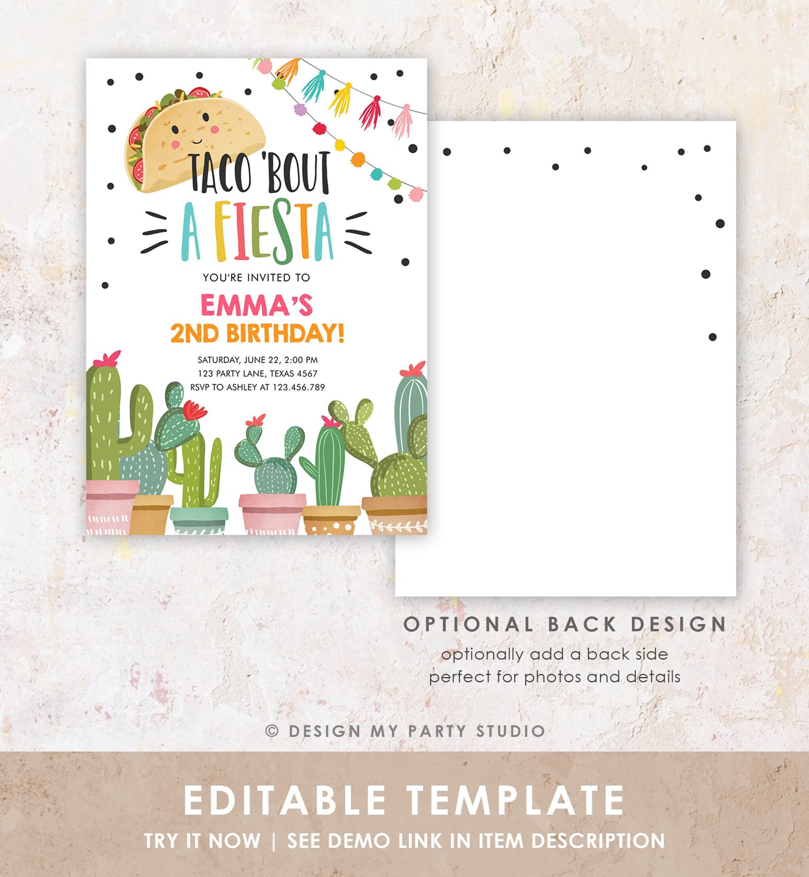 Editable Taco Bout a Fiesta Birthday Invitation Girl Pink Cactus Party Mexican Cinco de Mayo Digital Download Template Printable 0254