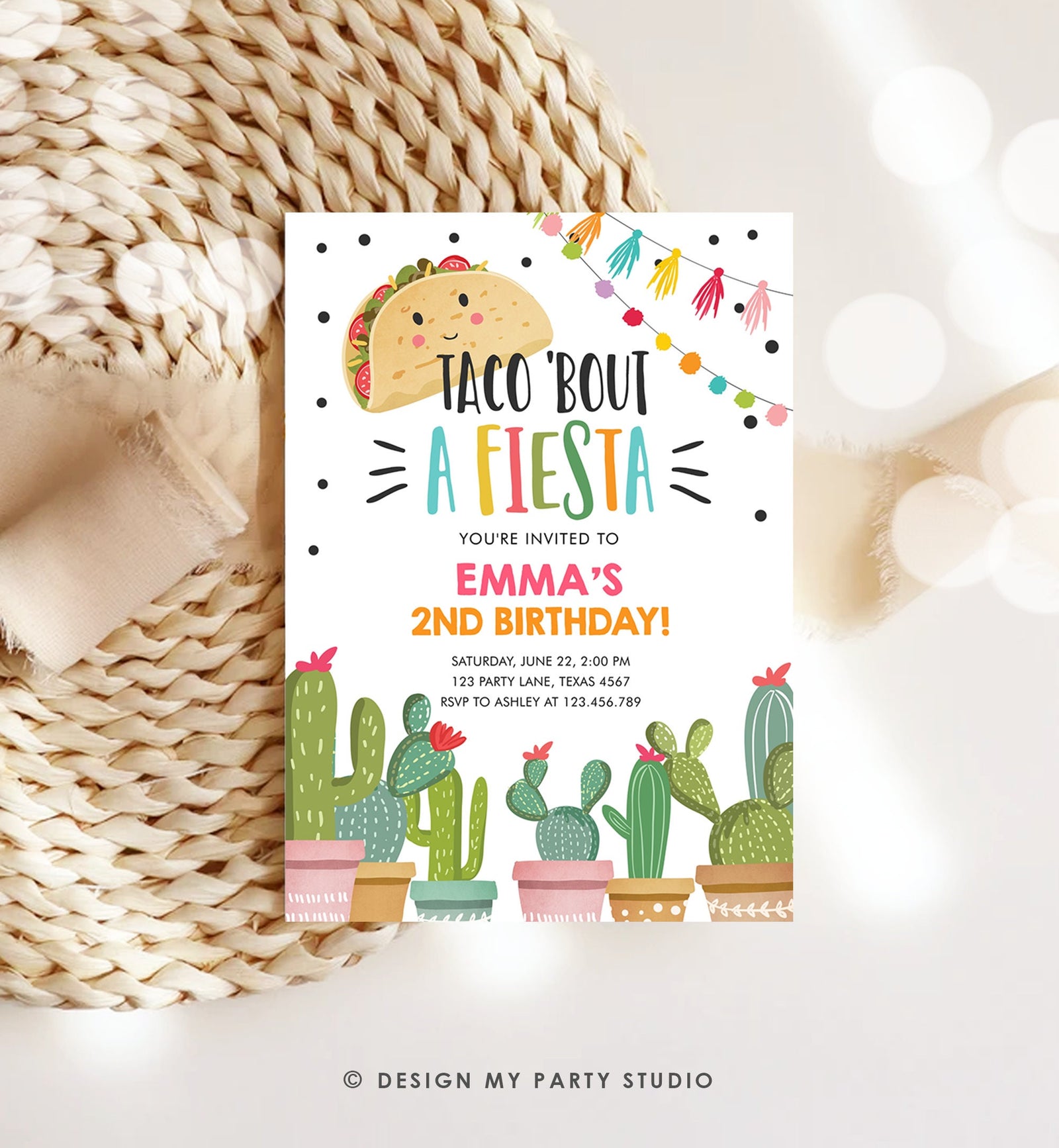 Editable Taco Bout a Fiesta Birthday Invitation Girl Pink Cactus Party Mexican Cinco de Mayo Digital Download Template Printable 0254