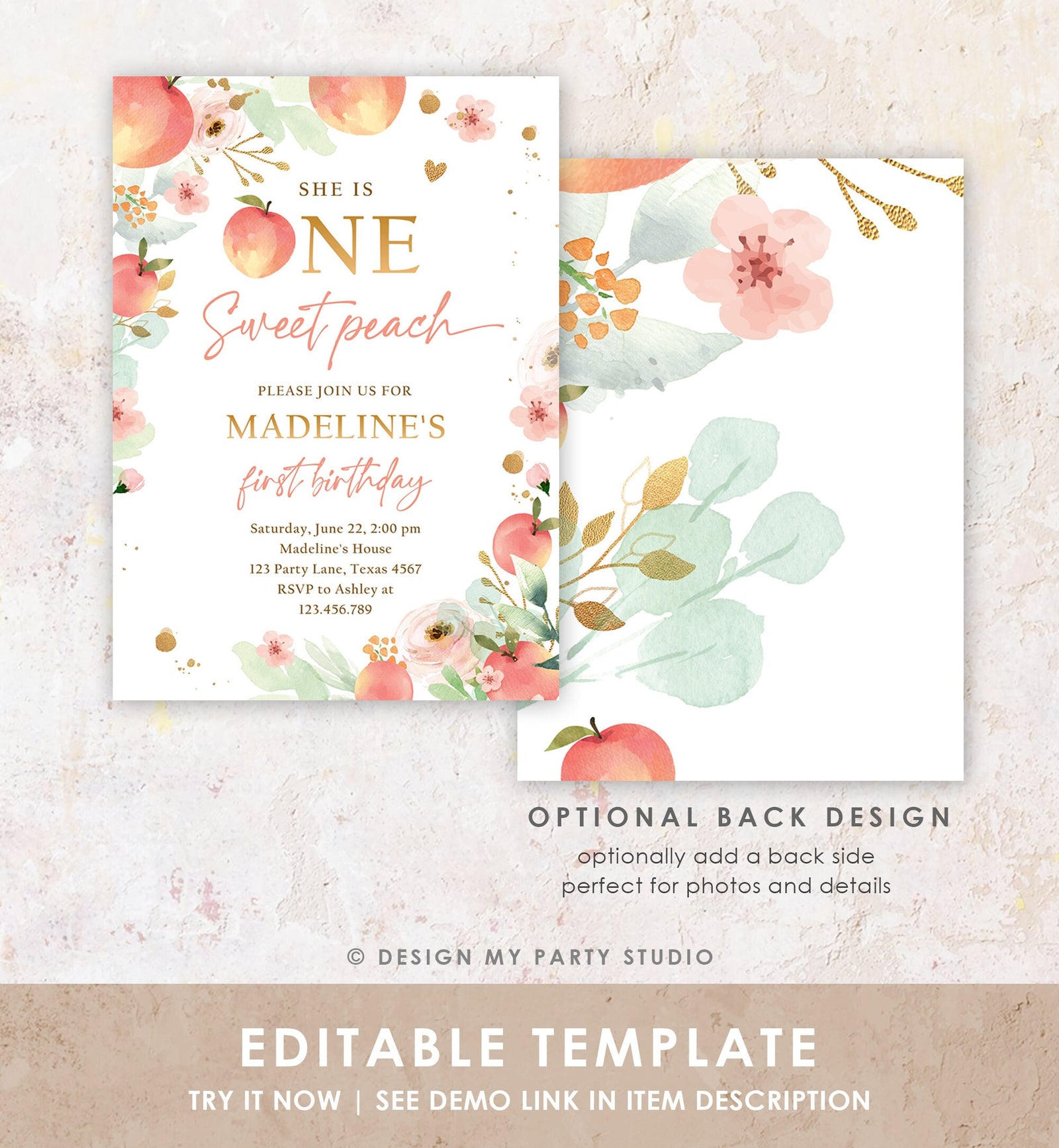 Editable One Sweet Peach First Birthday Invitation 1st Birthday Sweet Peach Girl Boho Peaches Digital Download Evite Template Printable 0401